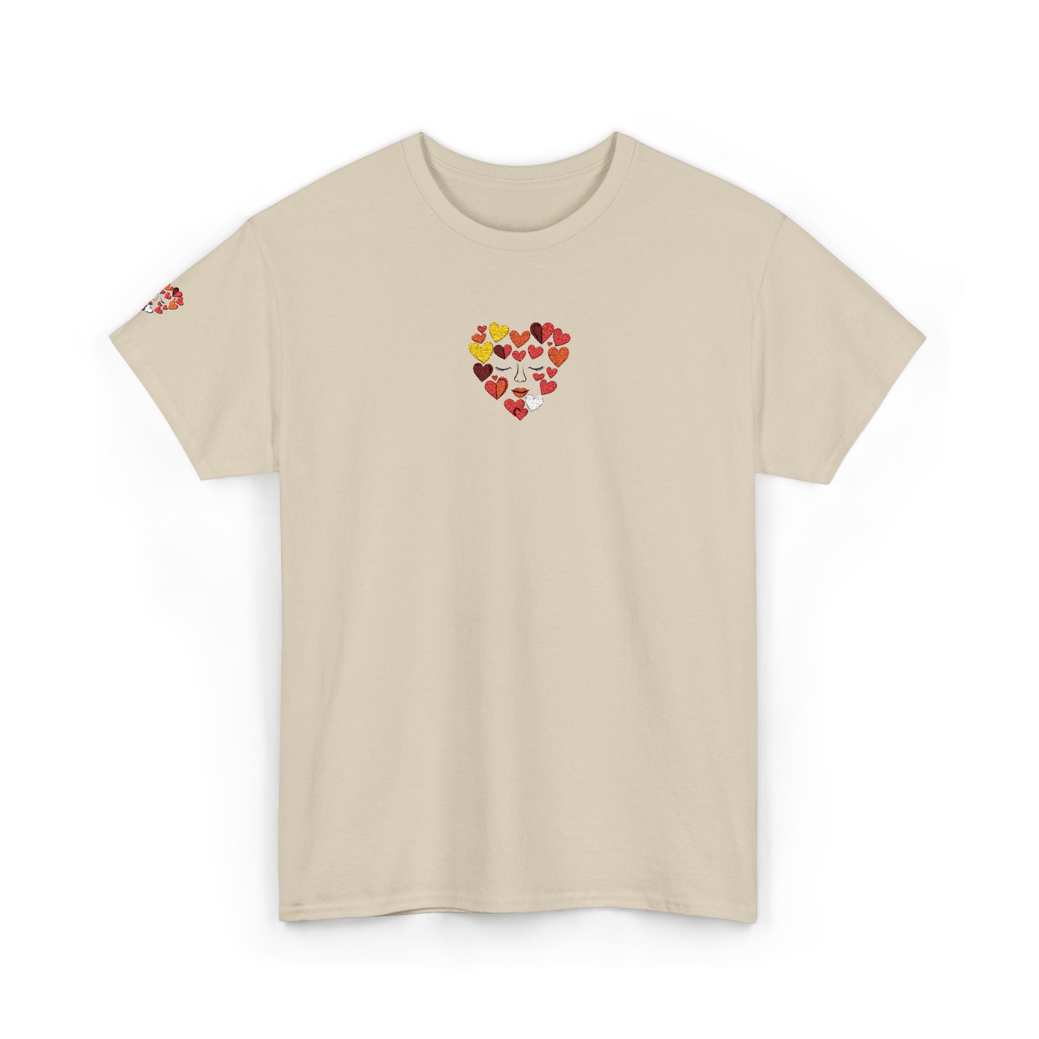 Beige t-shirt with colorful heart design on a white background