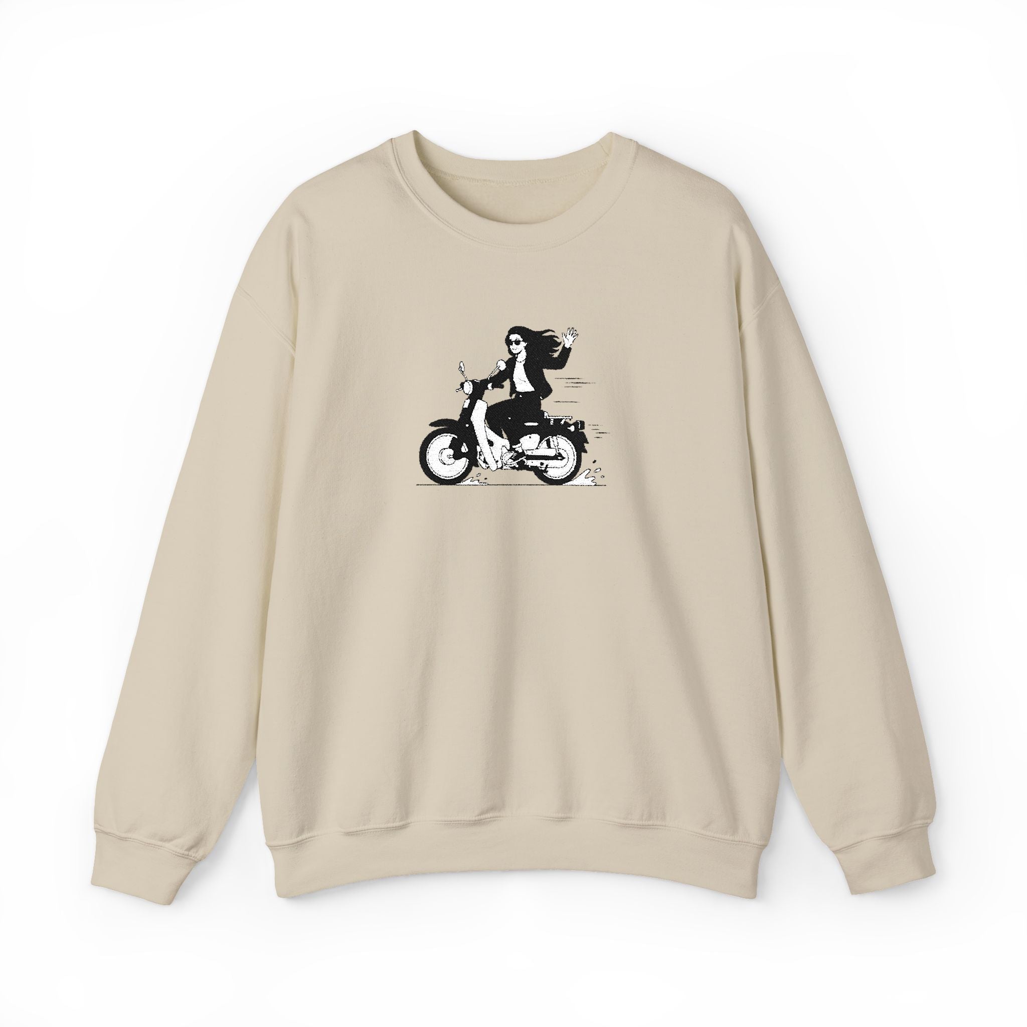 Beige sweatshirt with a graphic of a person on a motorcycle on a white background