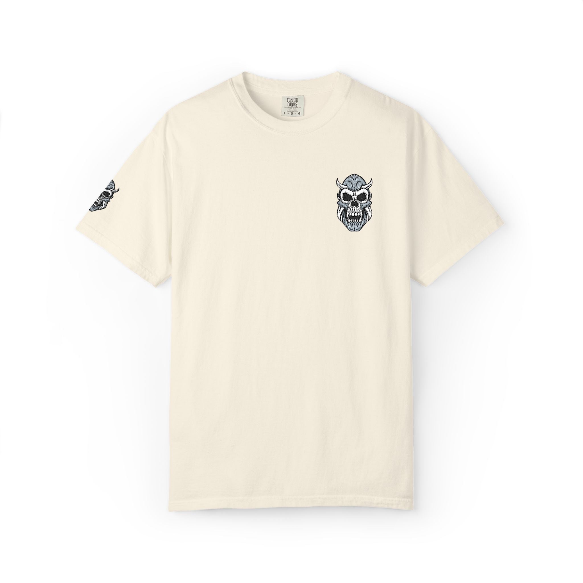 Beige t-shirt with skull design on a white background