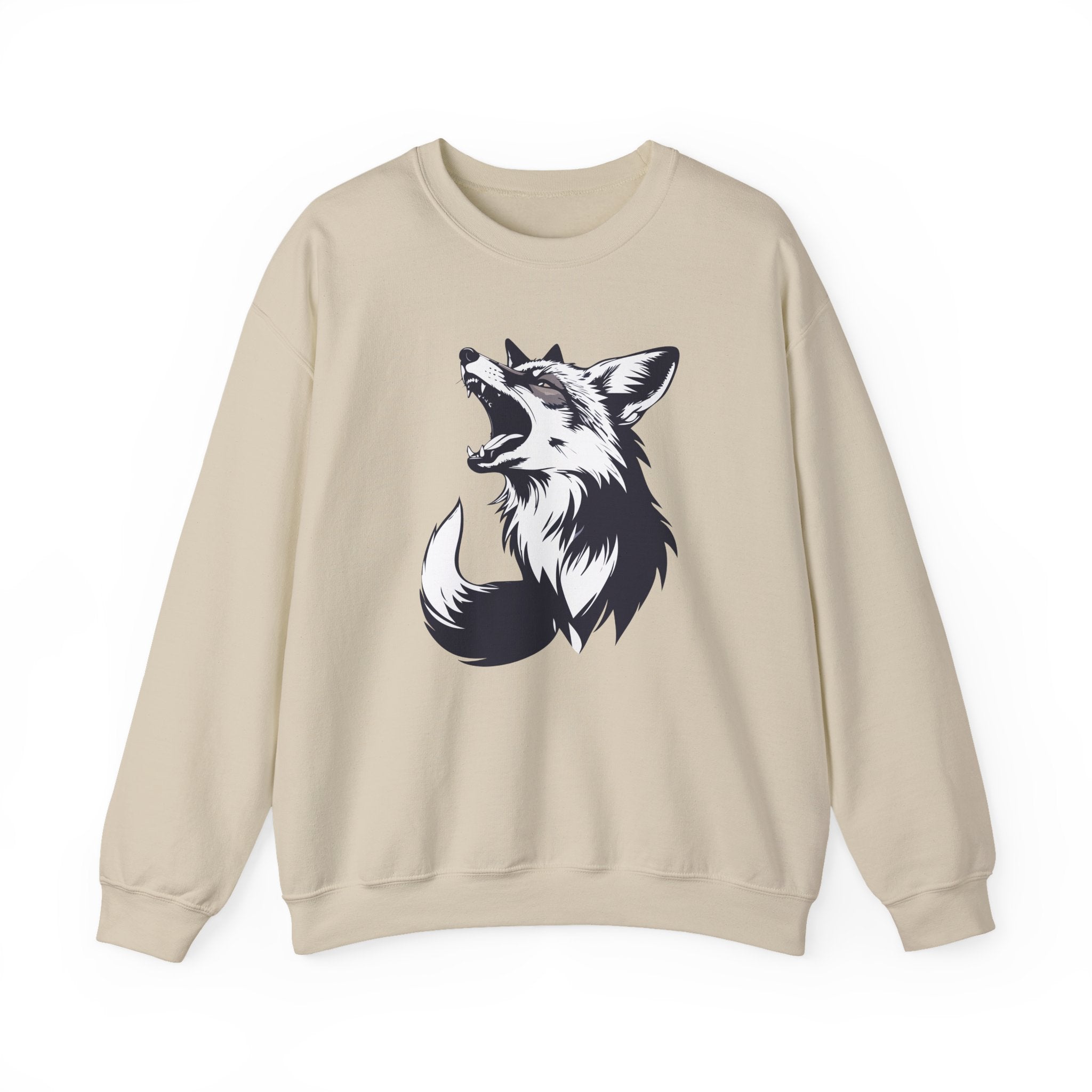 Beige sweatshirt with a black and white fox graphic on a white background
