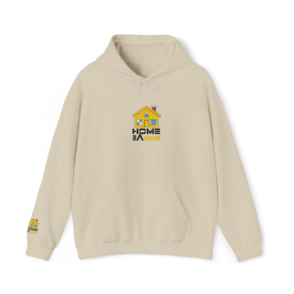 Beige hoodie with a logo on the chest against a white background