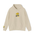 Beige hoodie with a logo on the chest against a white background