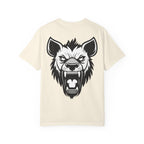 Beige t-shirt with a black wolf graphic on the back against a white background