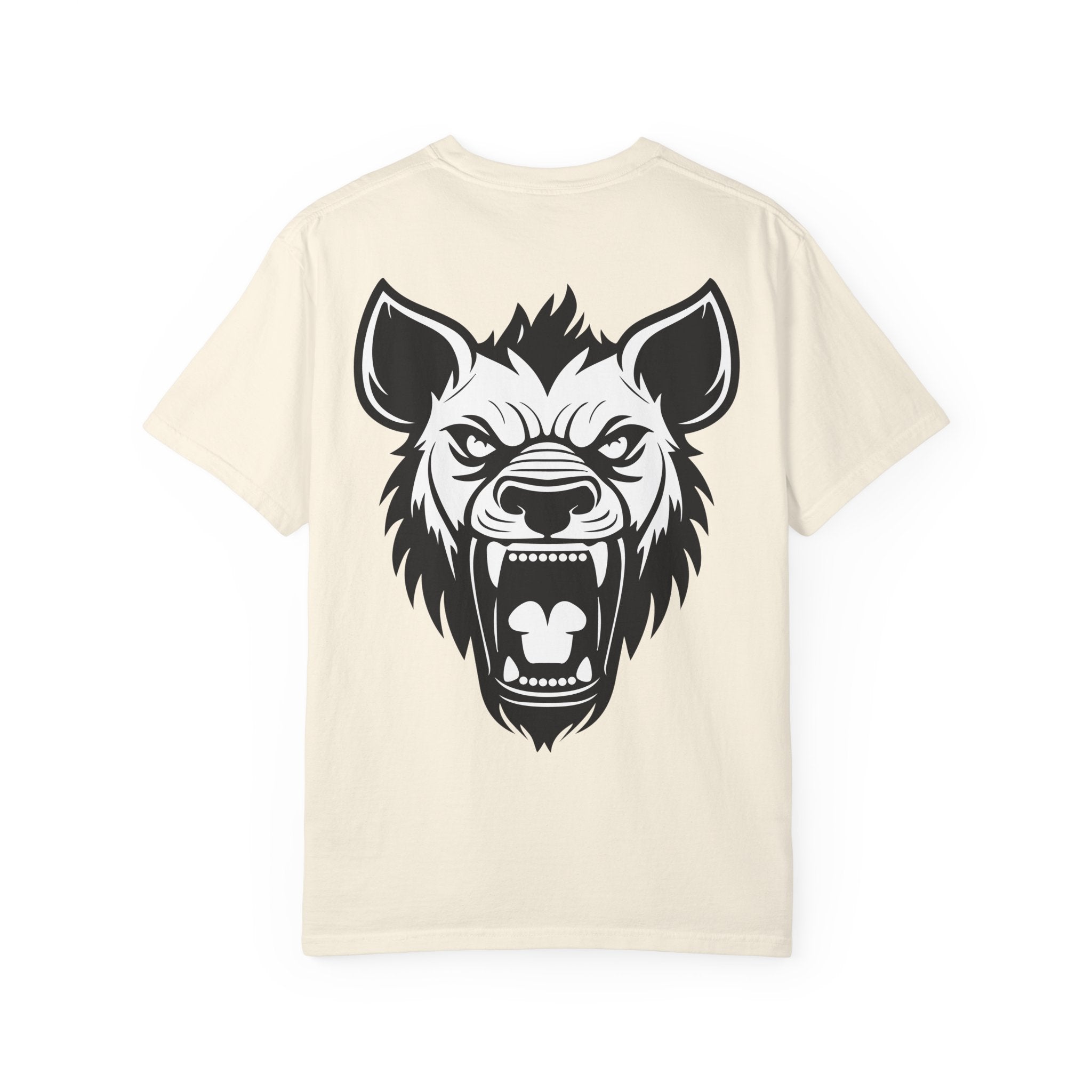 Beige t-shirt with a black wolf graphic on the back against a white background