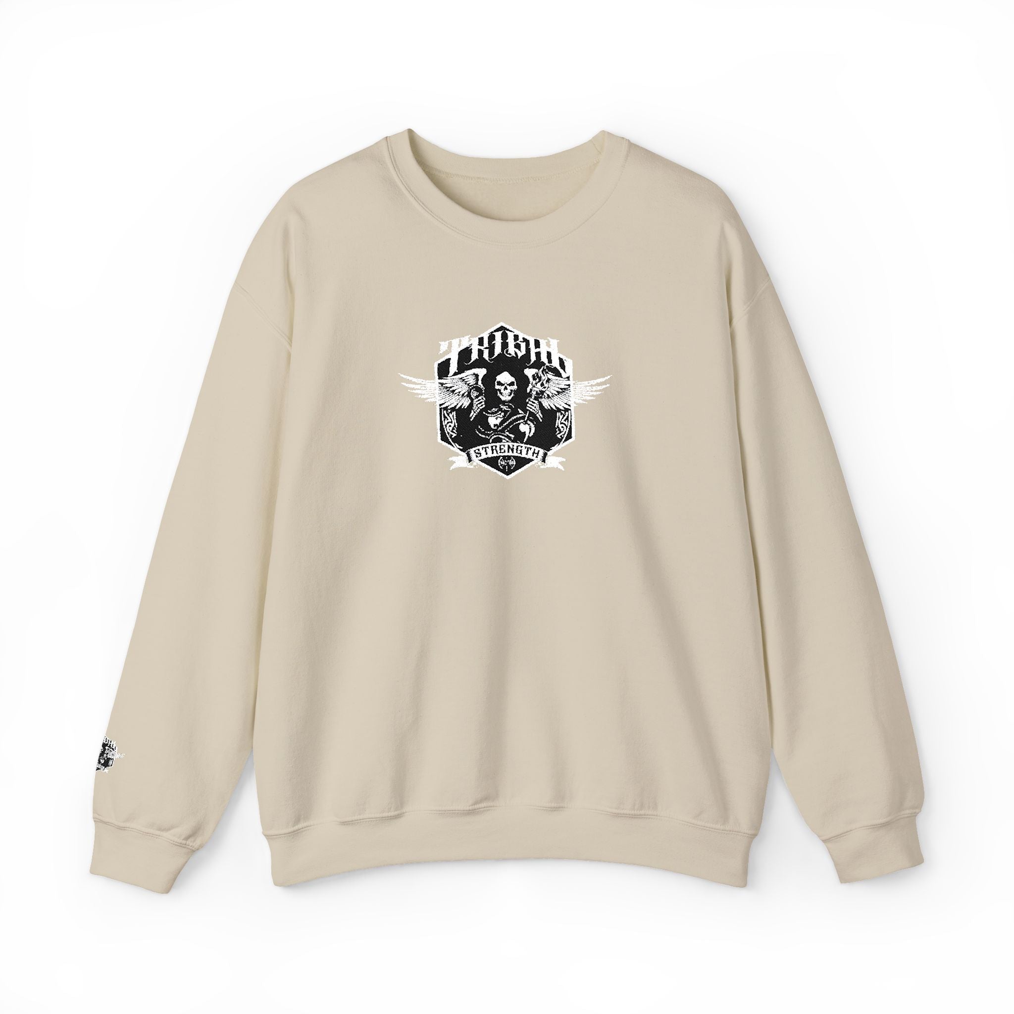 Beige sweatshirt with a graphic design on a white background