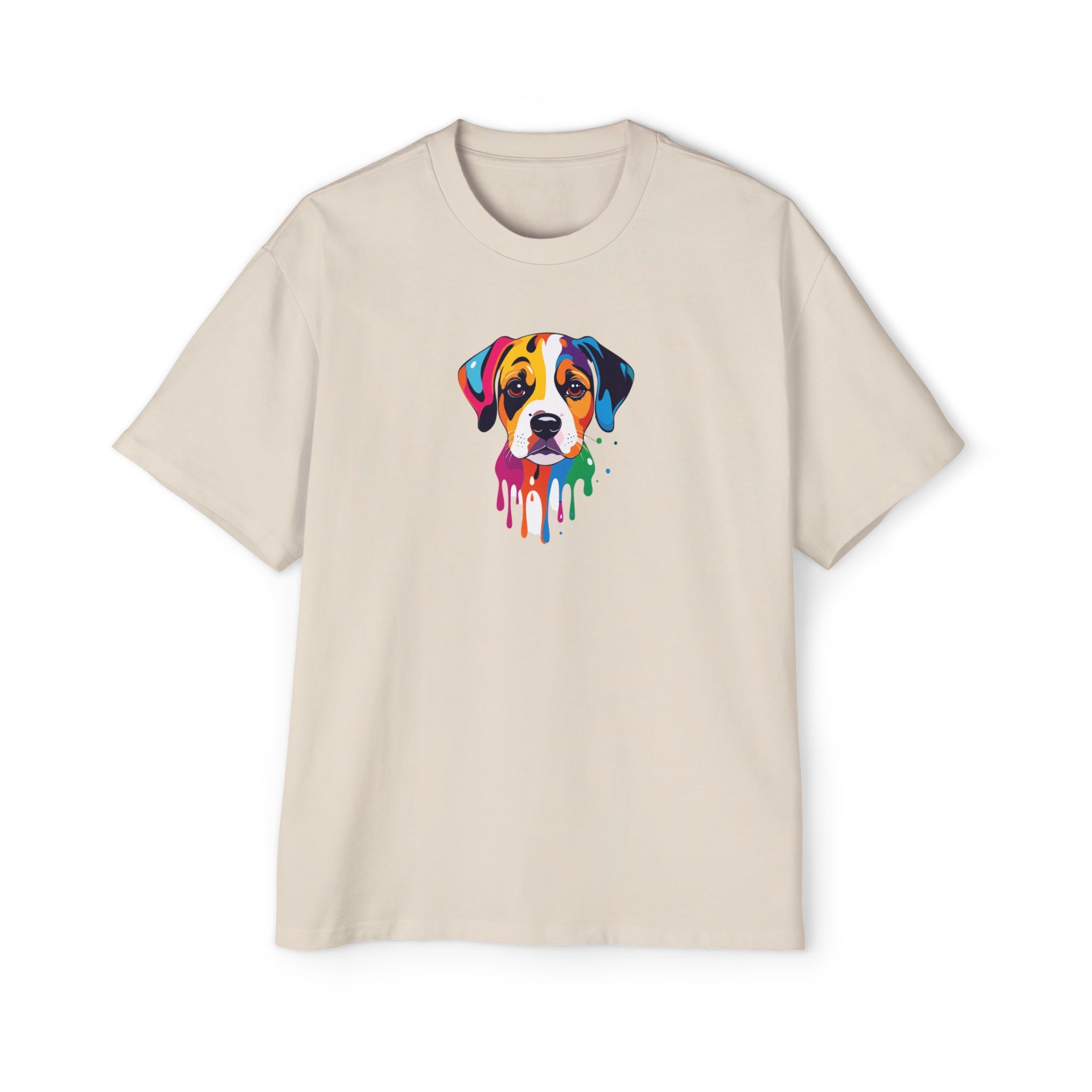 Beige t-shirt with a colorful dog graphic on a white background