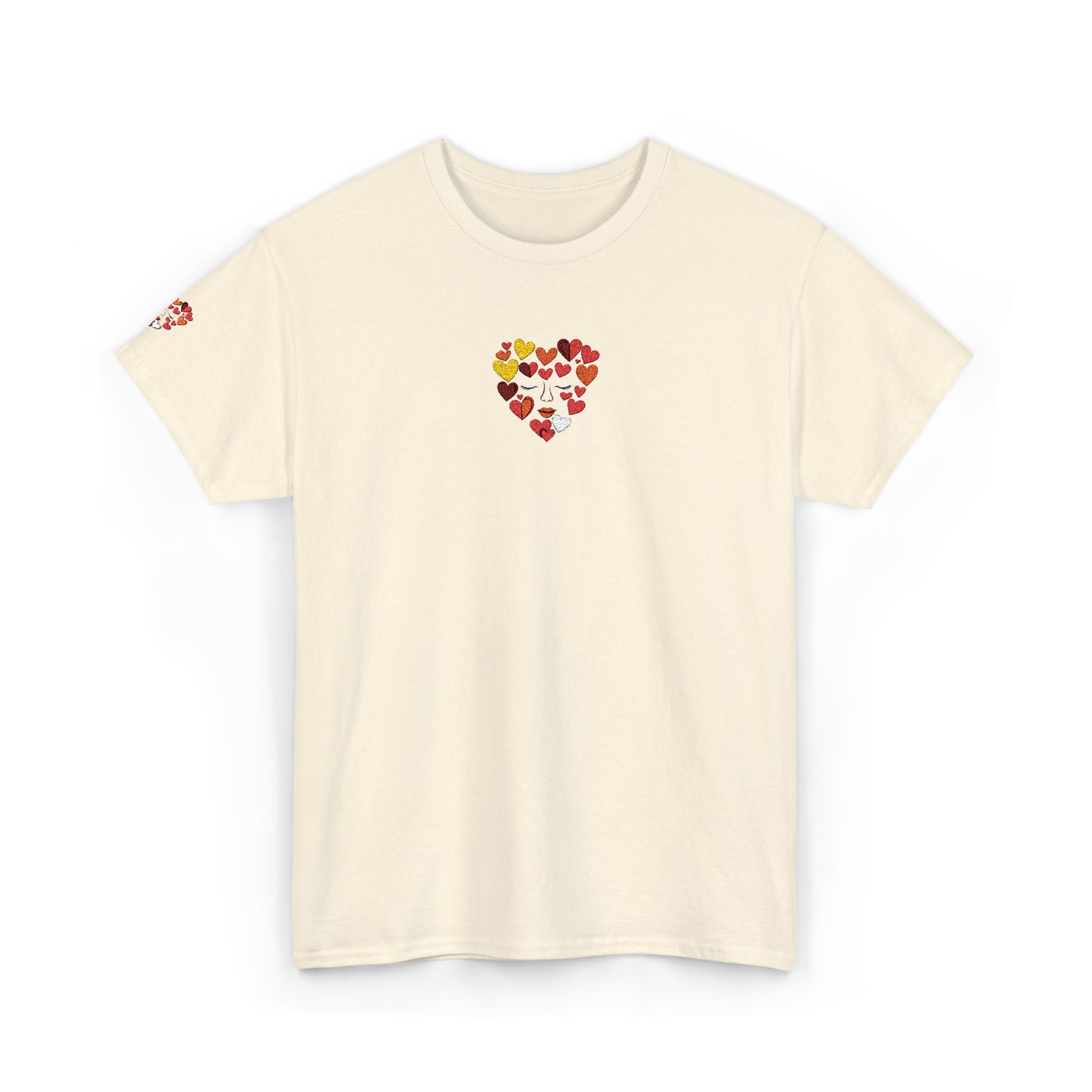 Beige t-shirt with a colorful heart design on a white background