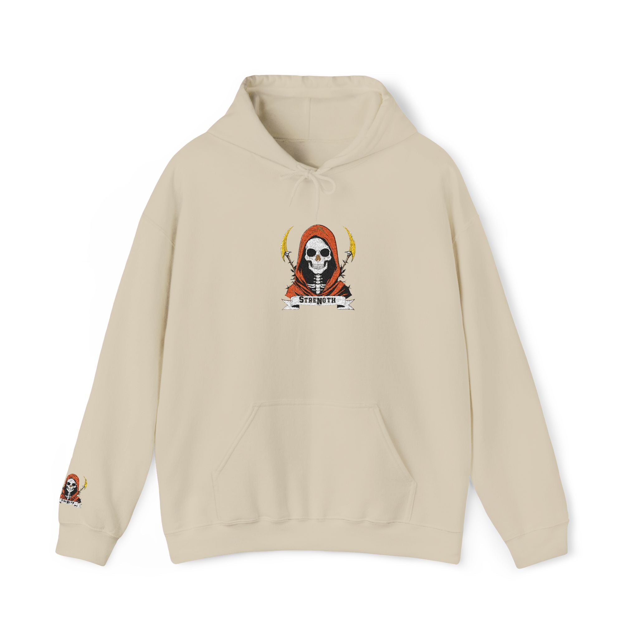 Beige hoodie with a graphic design on the chest and sleeve against a white background
