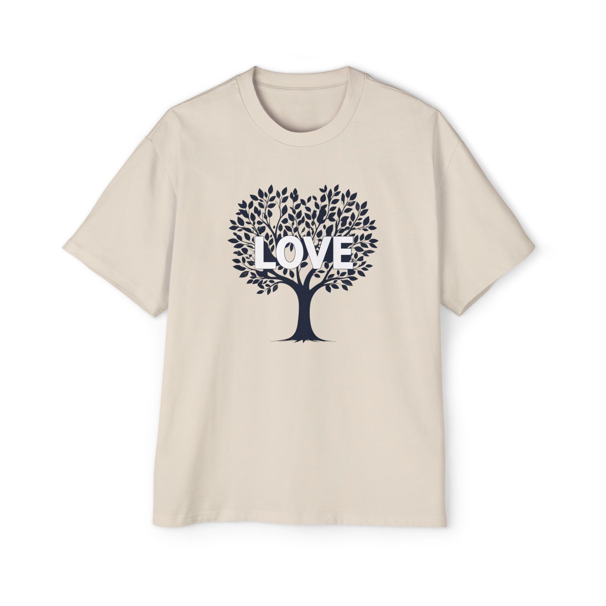 Beige t-shirt with a black tree design and 'LOVE' text on a white background
