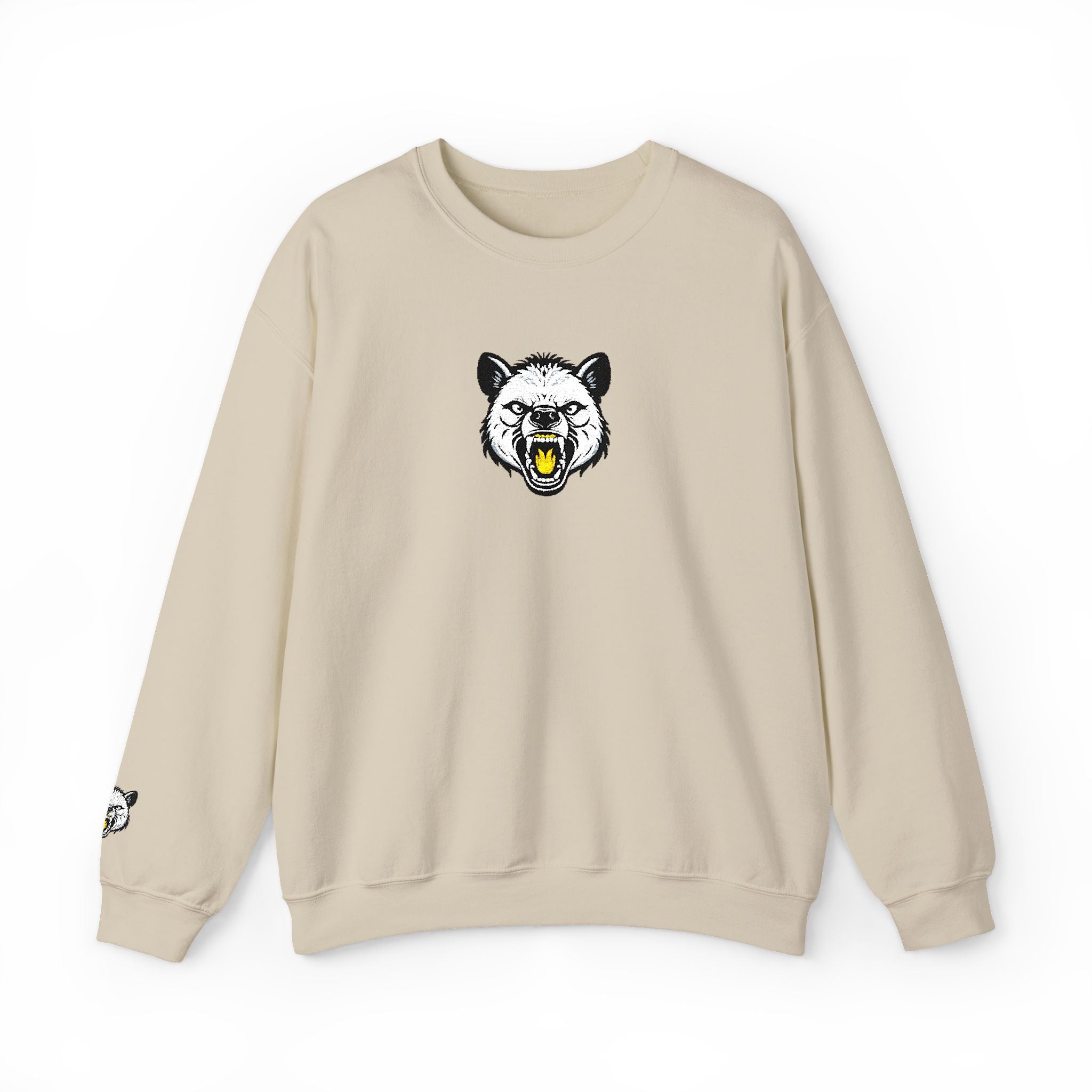Beige sweatshirt with a bear graphic on a white background