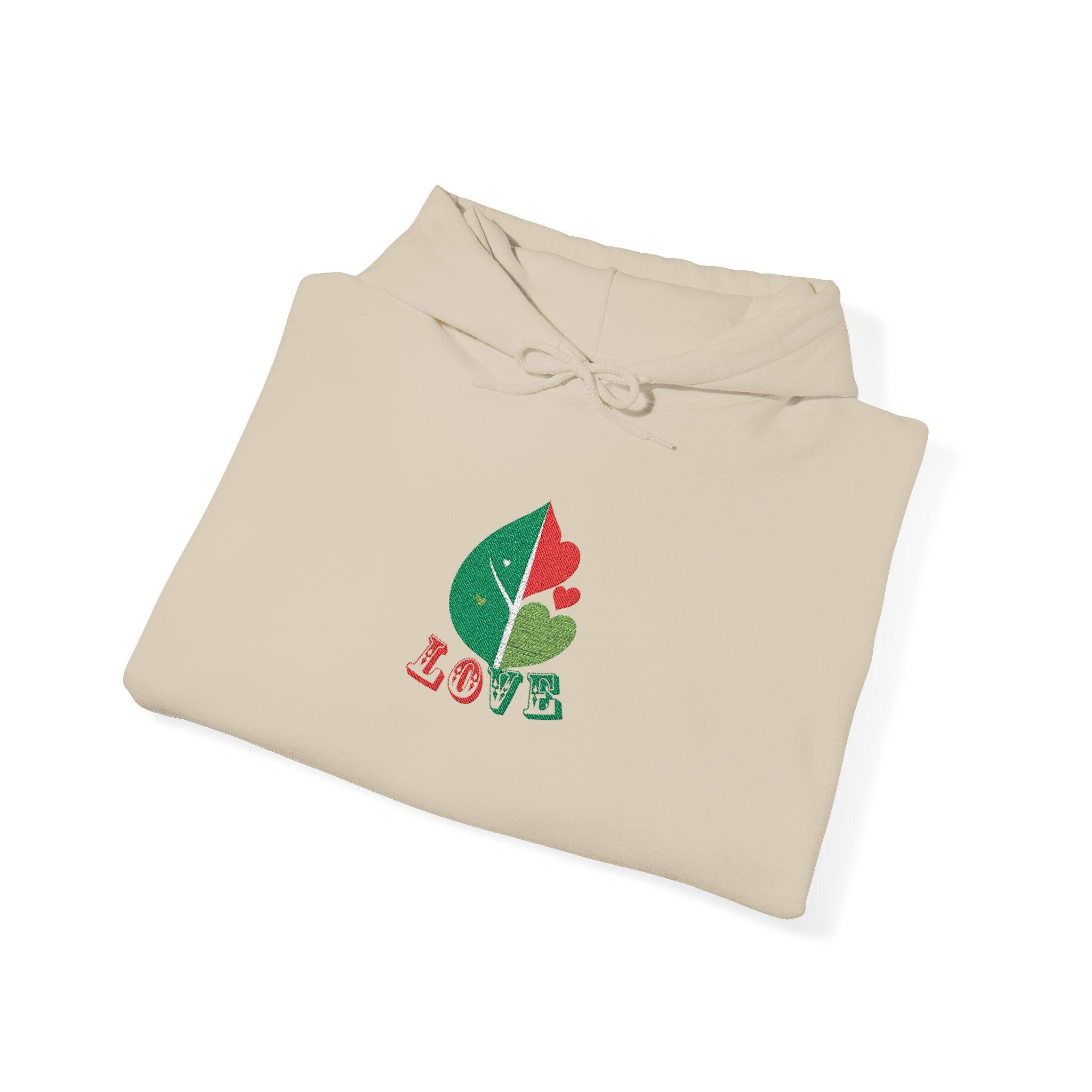 Beige hoodie with a leaf and 'LOVE' design on a white background