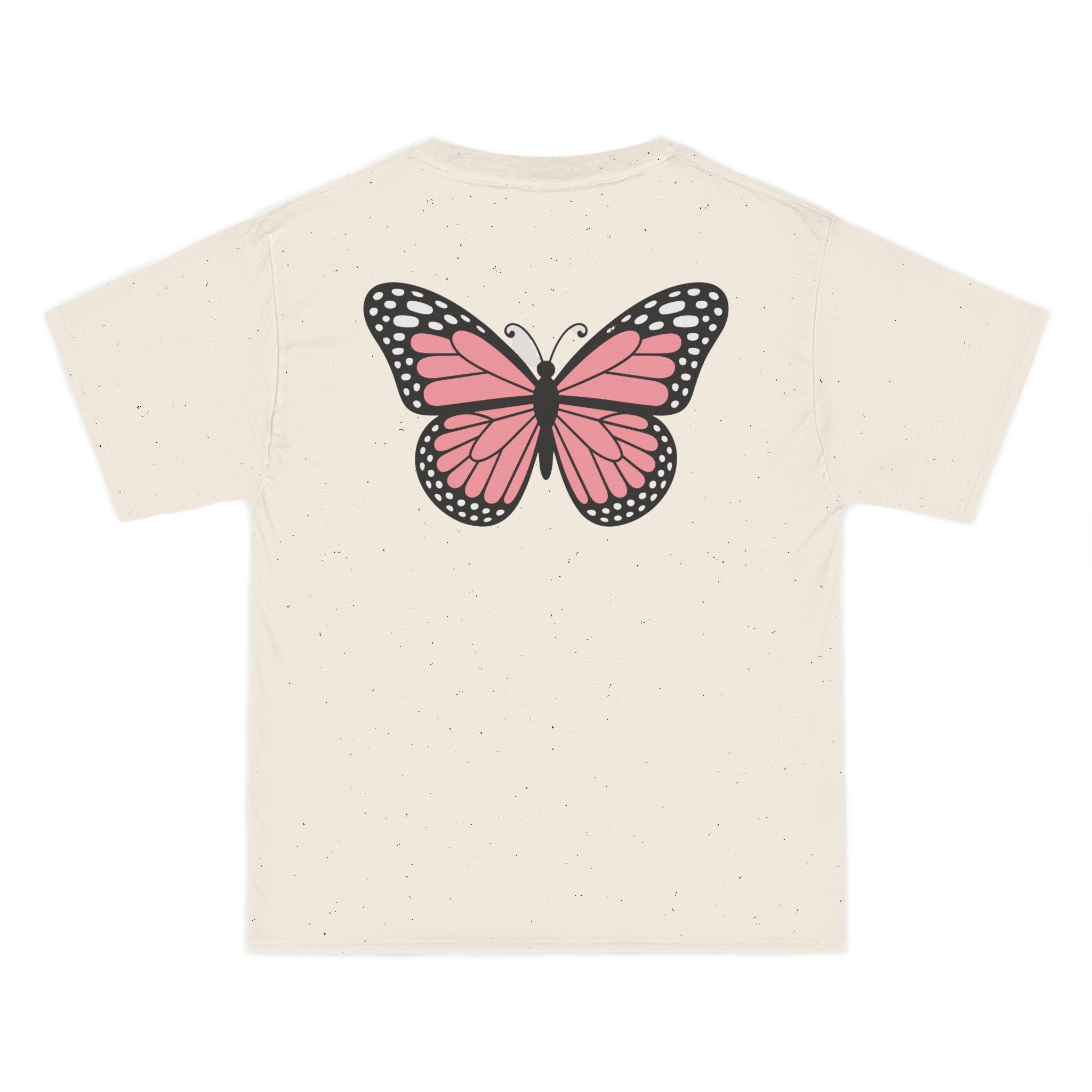 Beige t-shirt with a pink butterfly design on a white background
