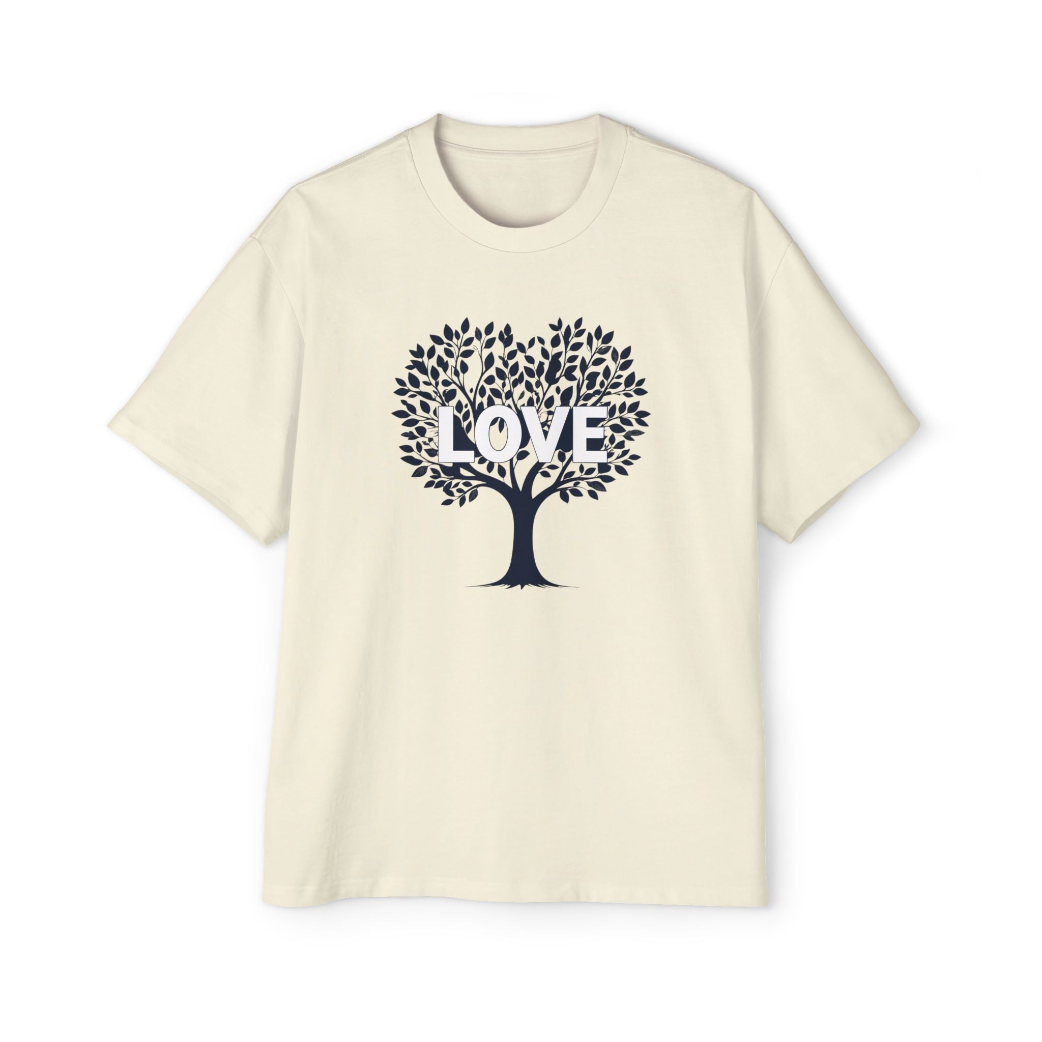 Beige t-shirt with a black tree design and 'LOVE' text on a white background