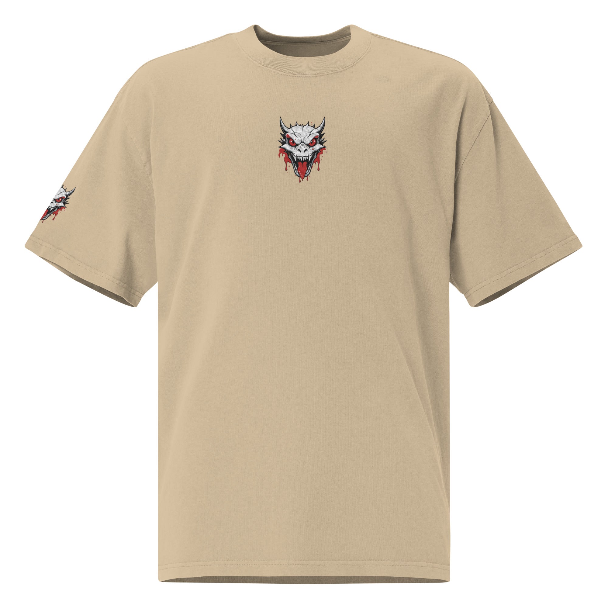 Beige t-shirt with a graphic design on a white background