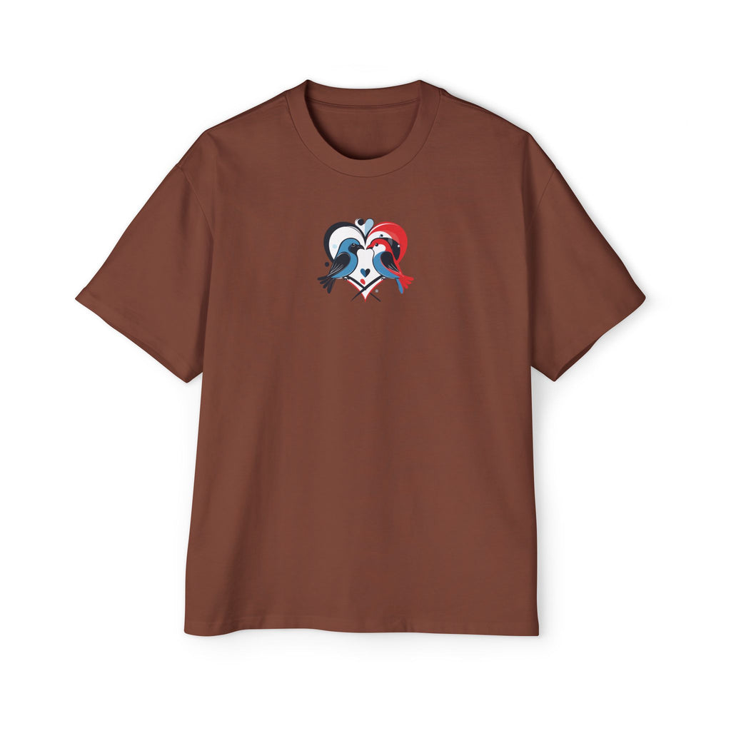 Brown t-shirt with a graphic design on a white background