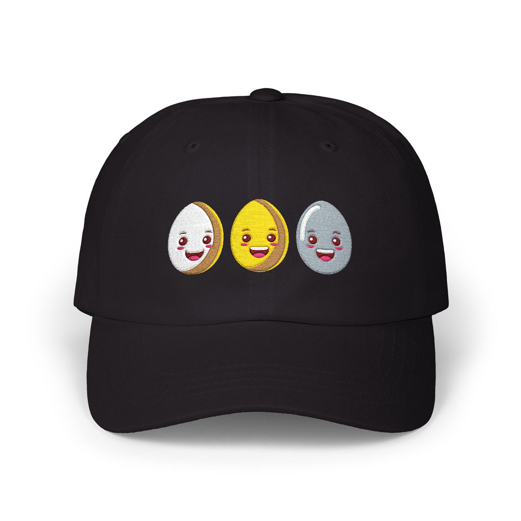 Black cap with three colorful emoji faces on a white background