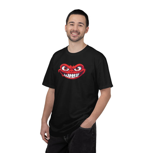 Person wearing a black t-shirt with a red and white graphic design on a white background