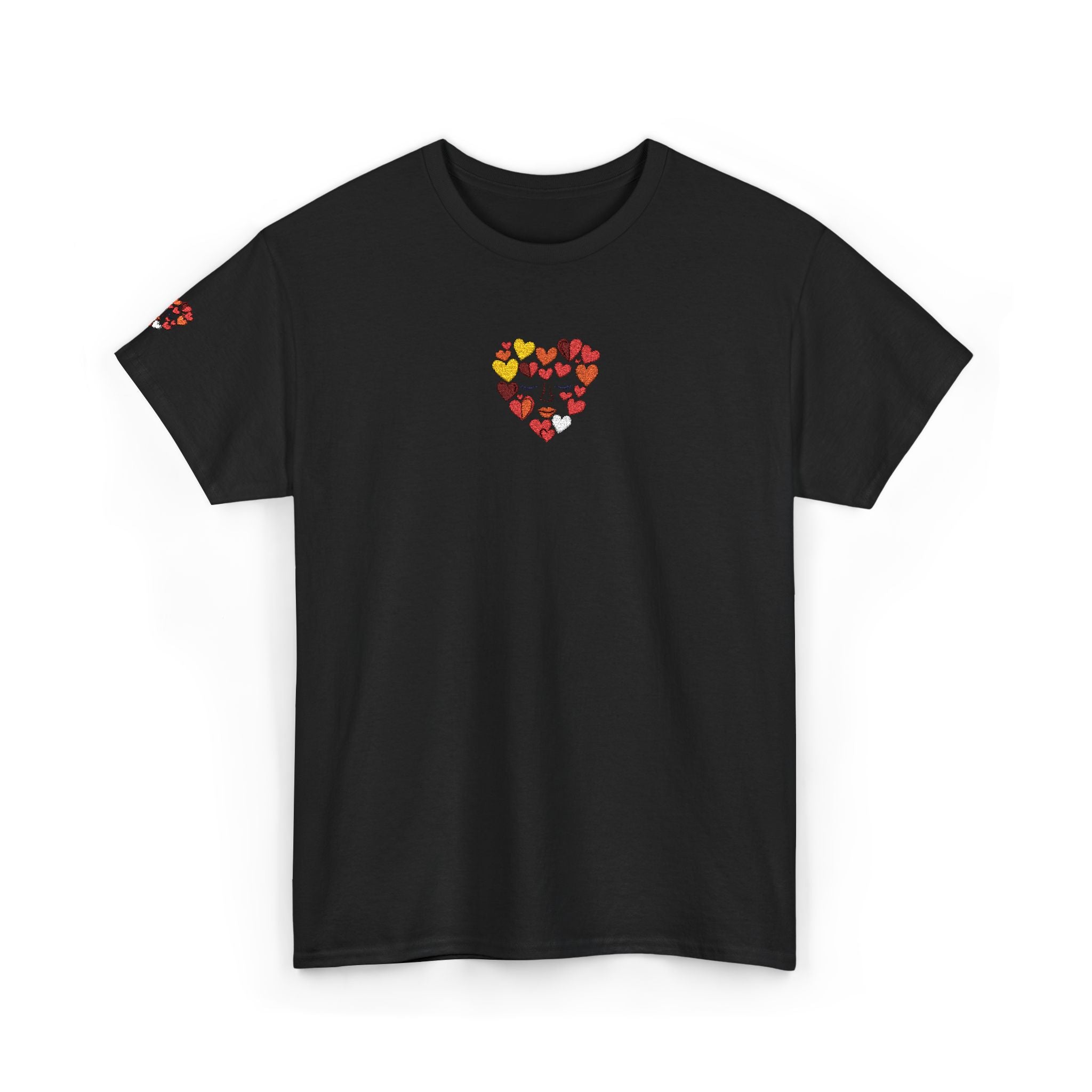 Black t-shirt with colorful heart design on a white background