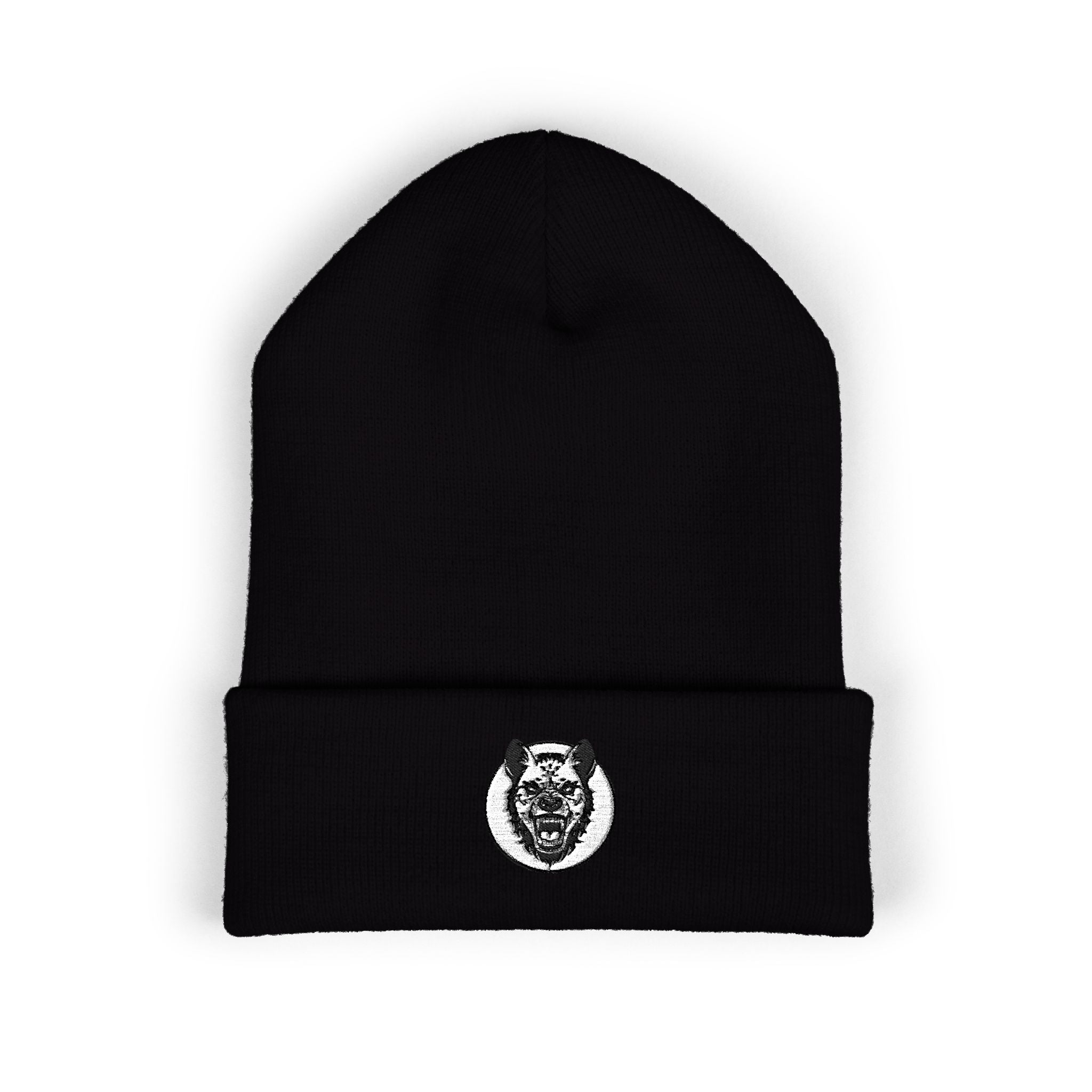 Black beanie with a white embroidered logo on a white background