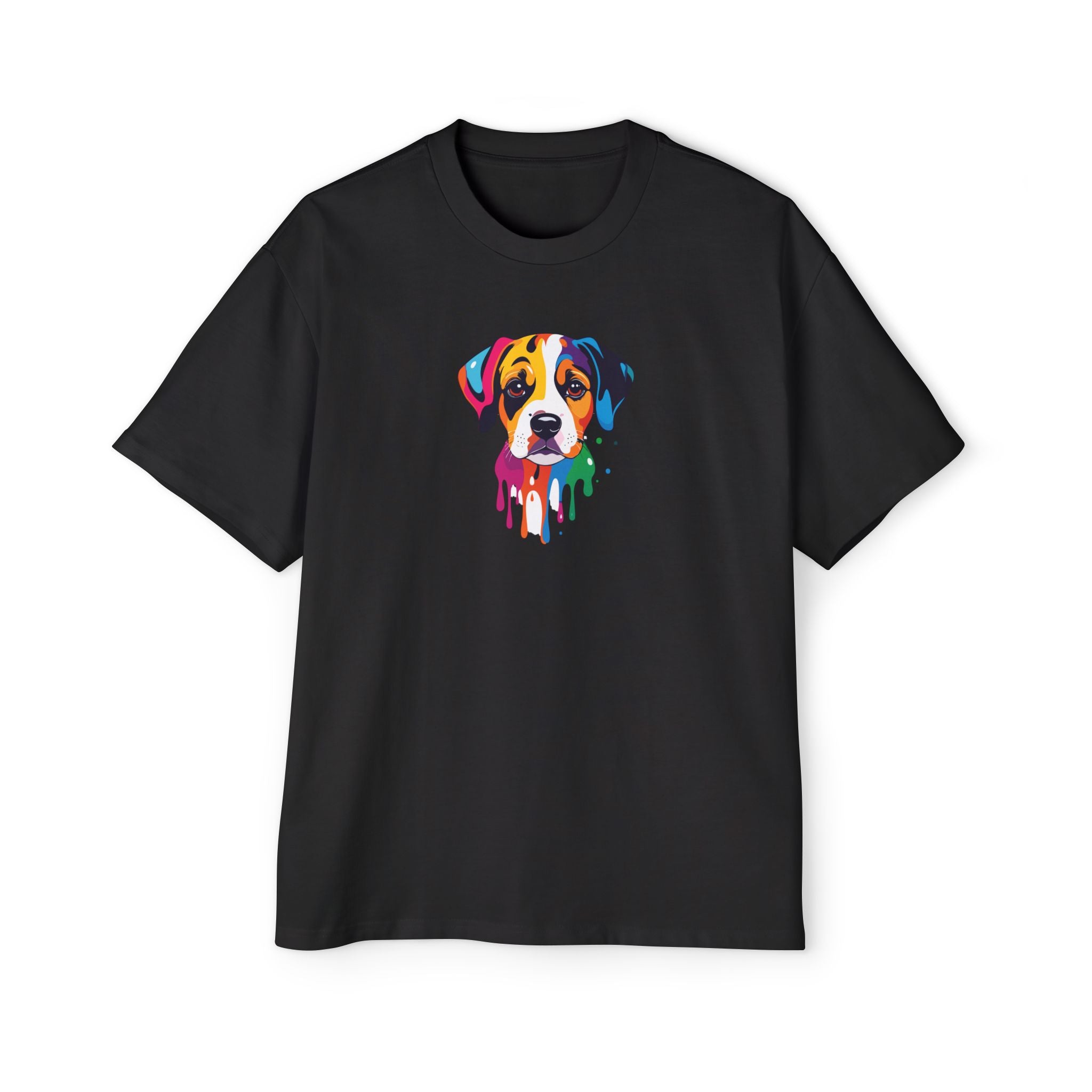 Black t-shirt with a colorful dog graphic on a white background