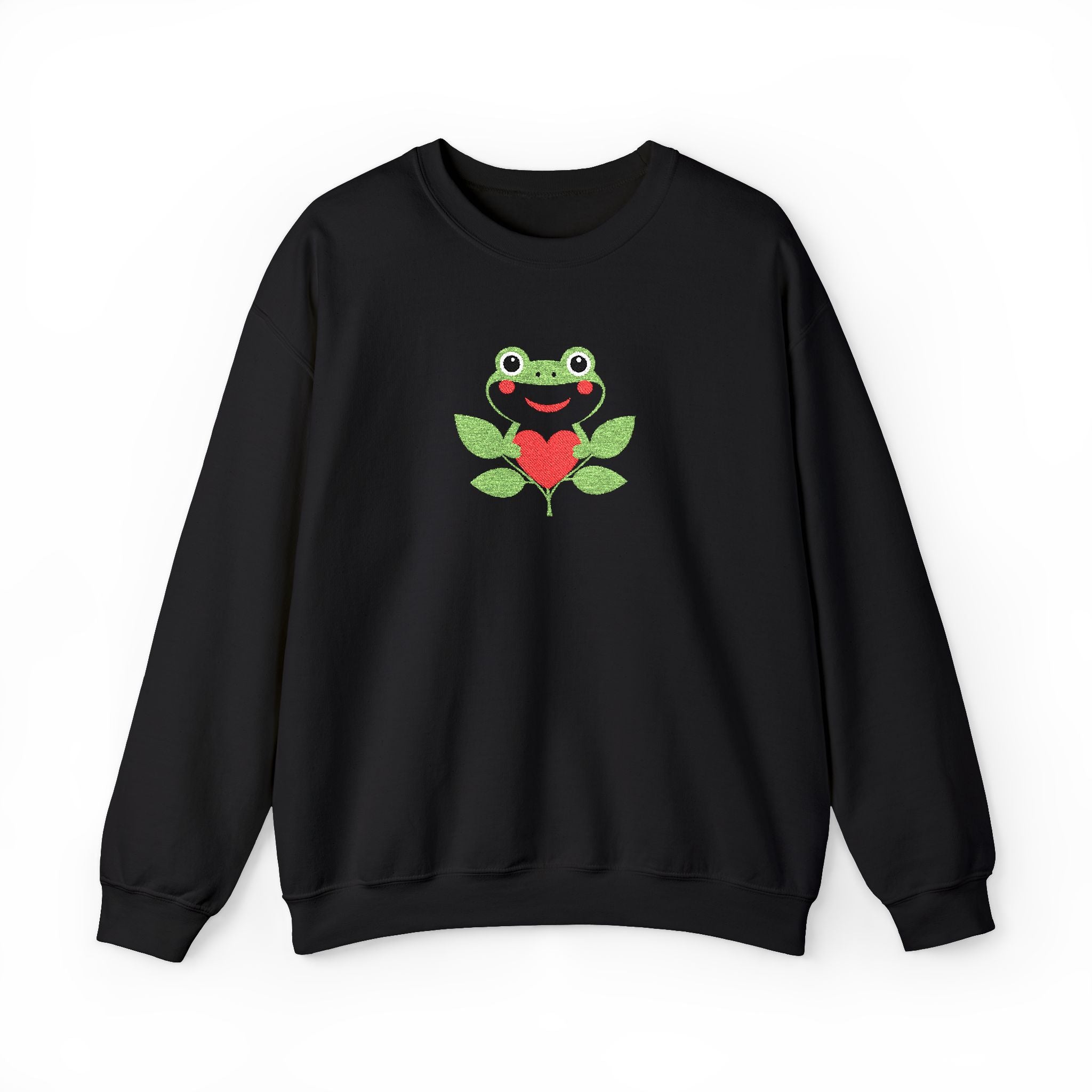 Black sweatshirt with a frog and heart design on a white background