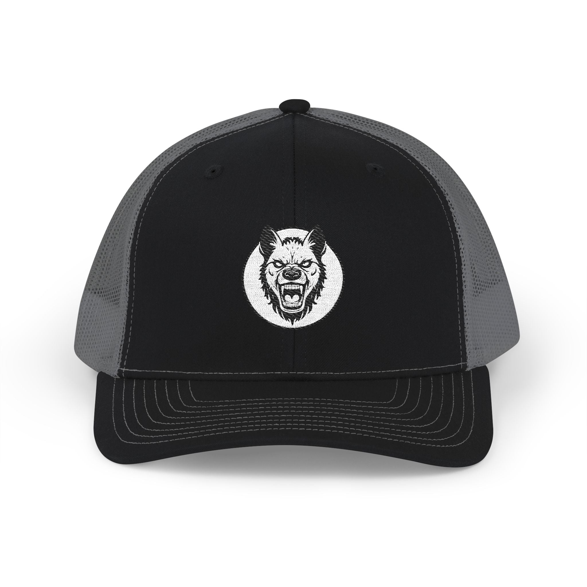 Black trucker cap with a white logo on a white background