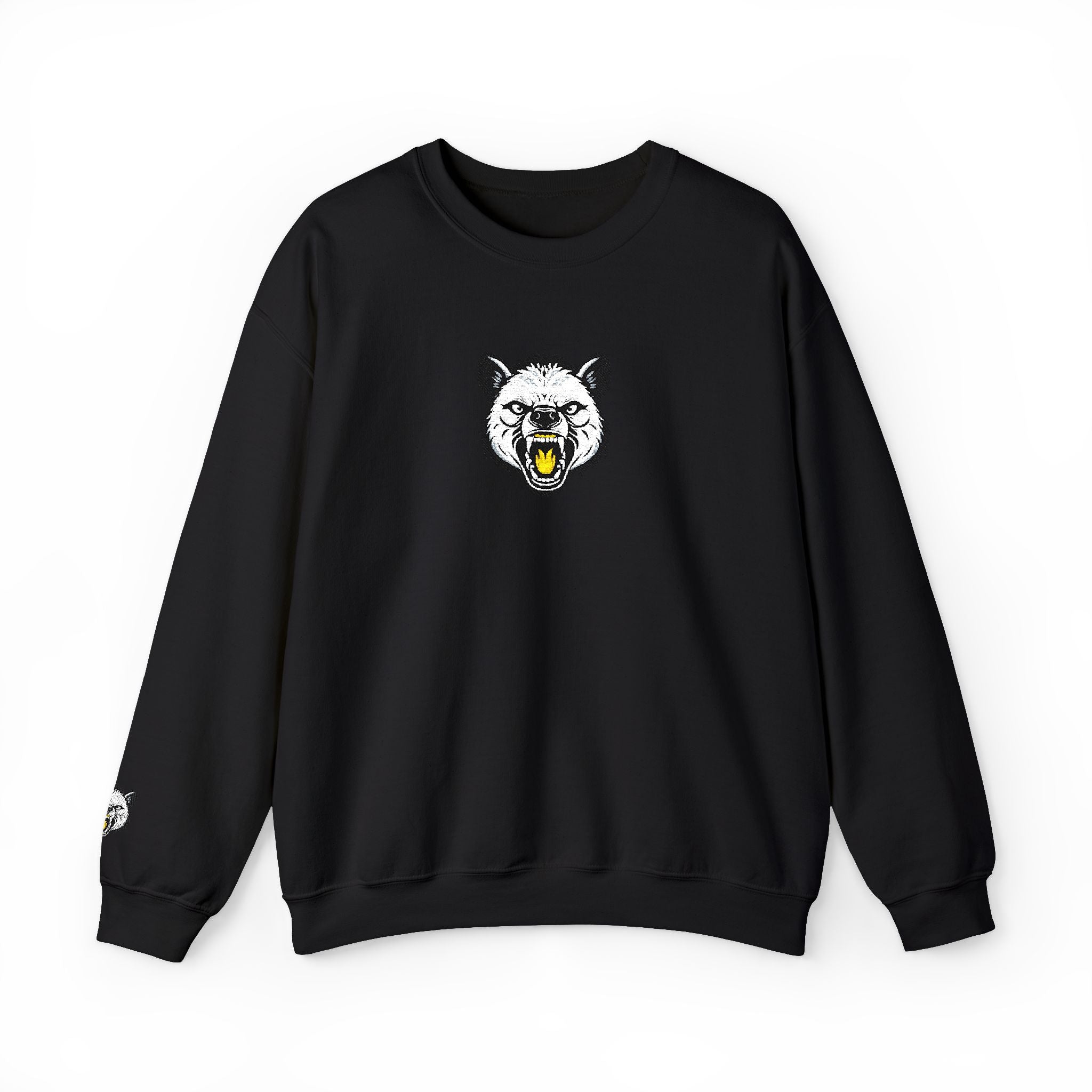 Black sweatshirt with a white graphic of a bear's face on a white background