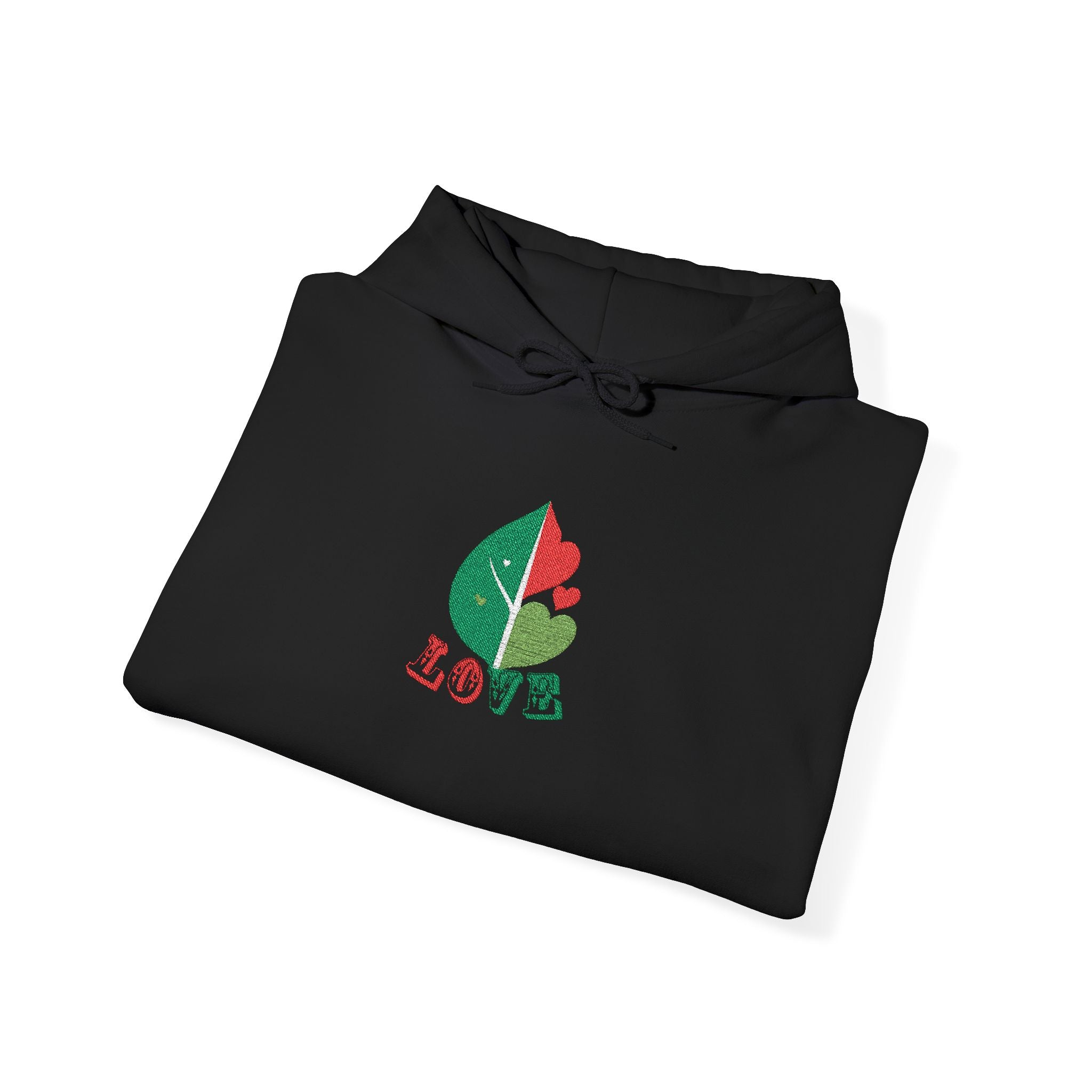 Black hoodie with a colorful leaf design and 'LOVE' text on a white background