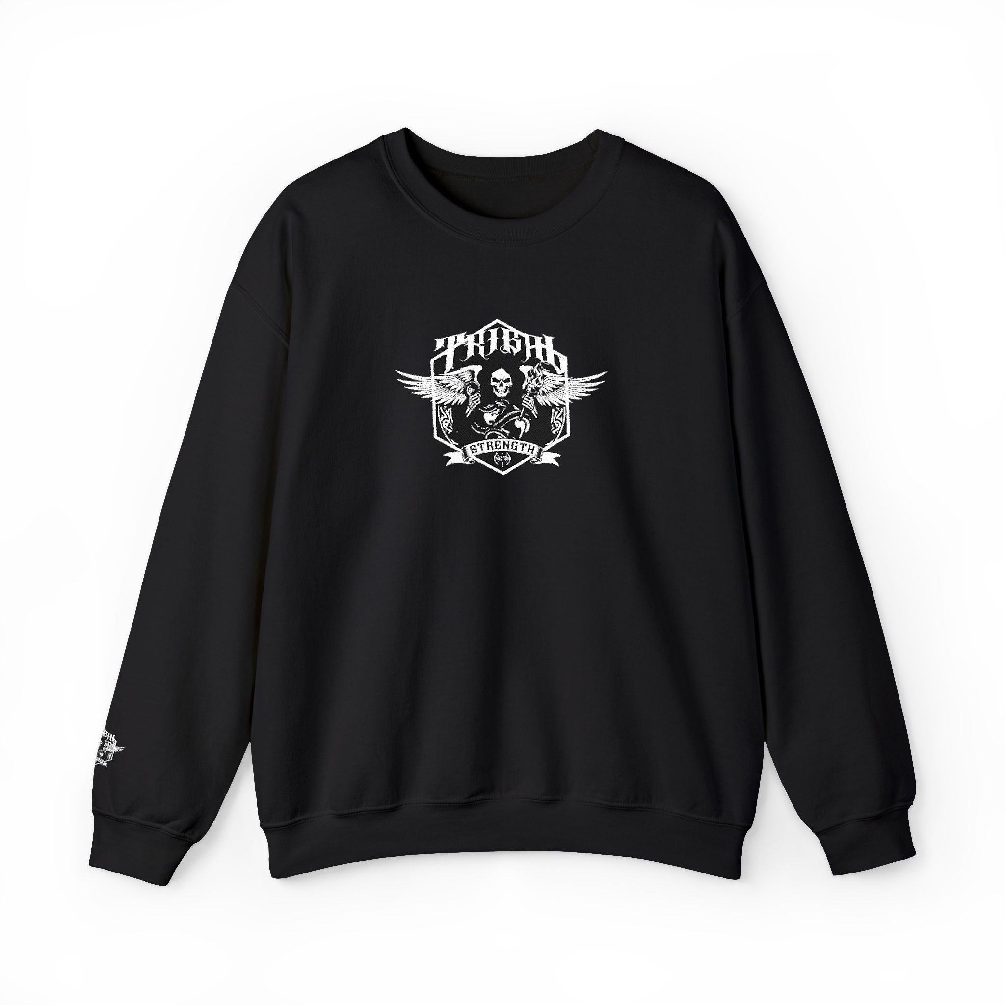 Black sweatshirt with a white graphic design on a white background
