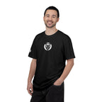 Man wearing a black t-shirt with a logo on a white background