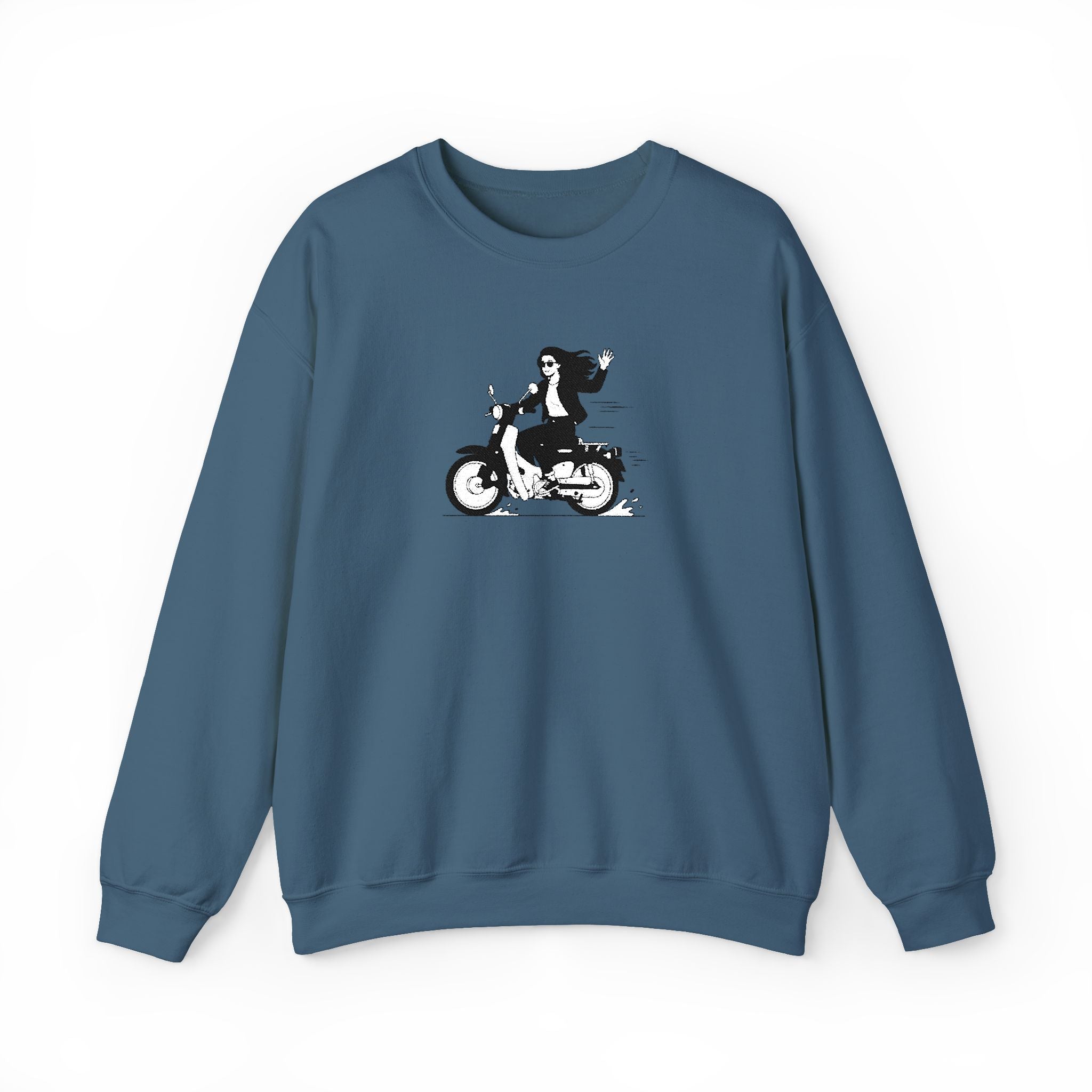 Blue sweatshirt with a graphic of a person on a motorcycle on a white background