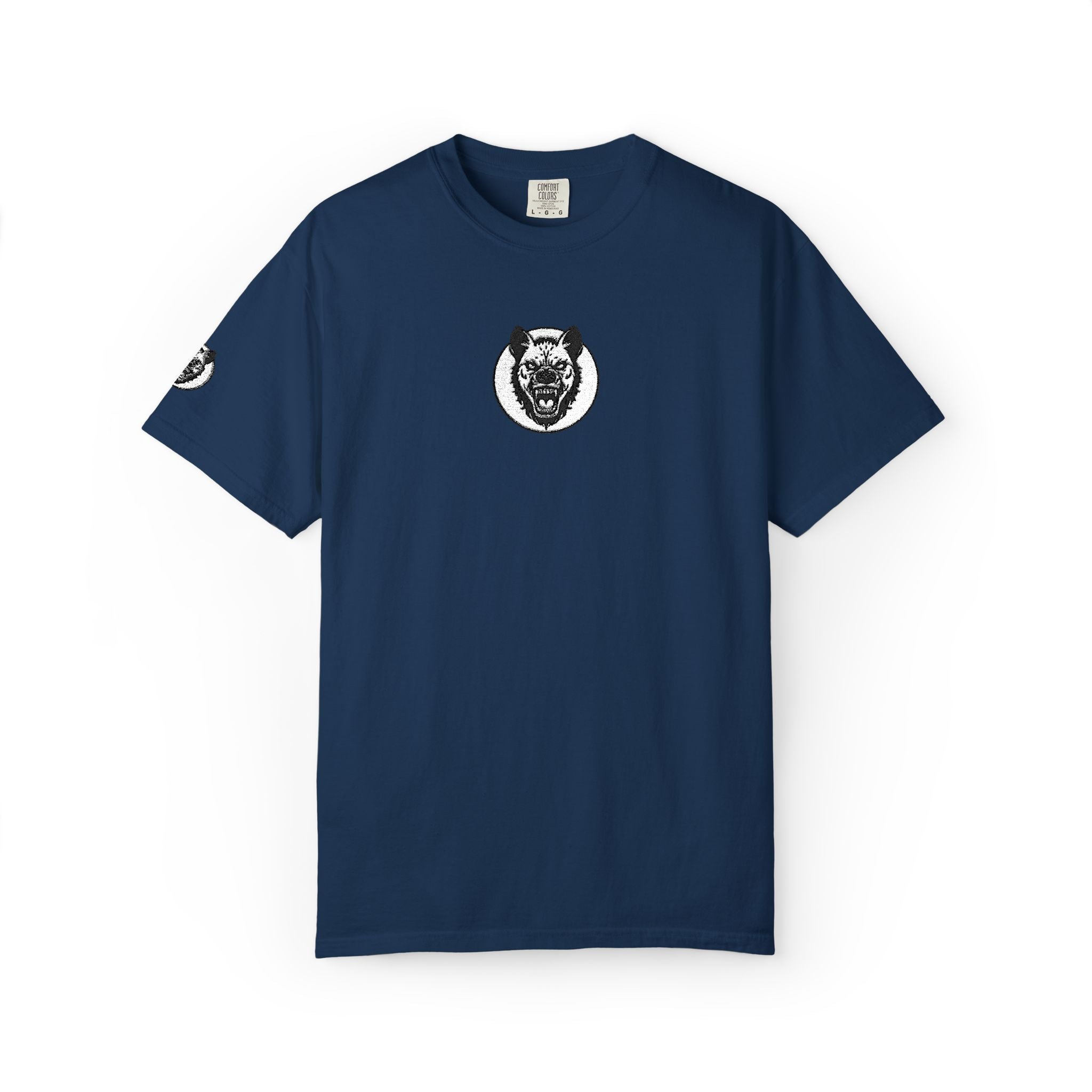 Navy blue t-shirt with a logo on a white background