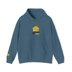 Blue hoodie with a house graphic and text on a white background