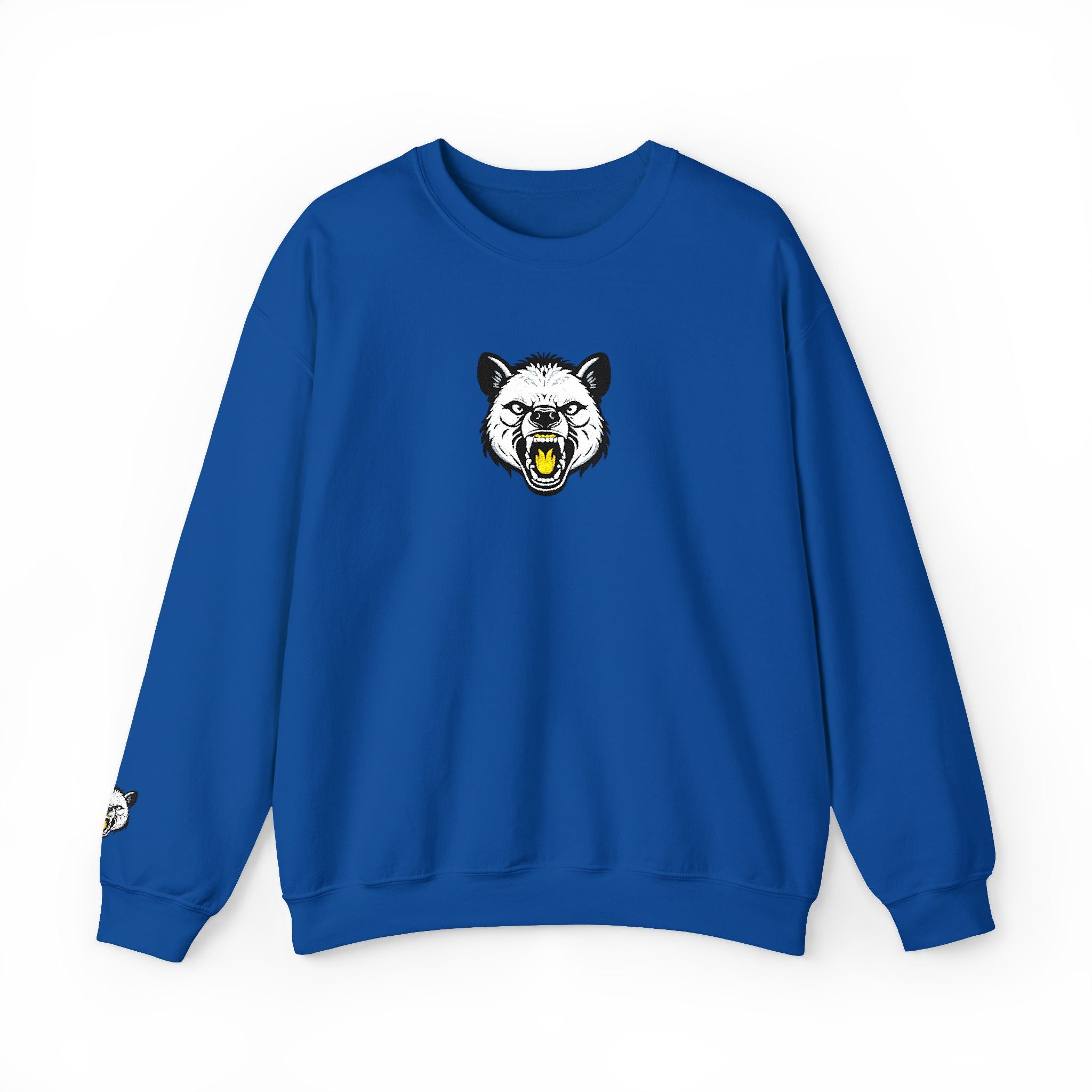 Blue sweatshirt with a bear graphic on a white background