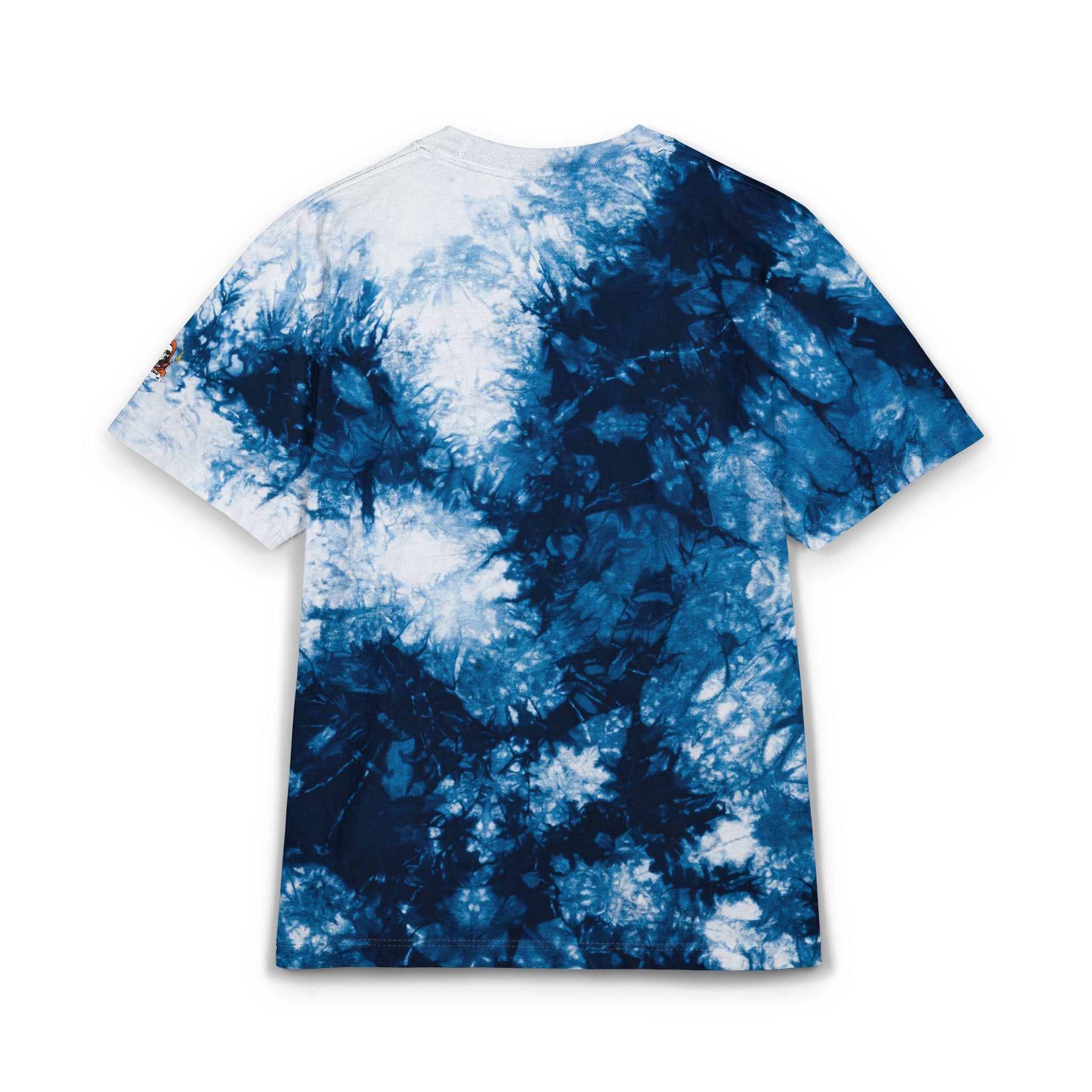 Blue and white tie-dye t-shirt on a white background