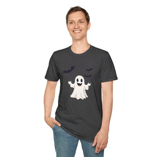 Person wearing a dark gray t-shirt with a ghost graphic on a white background