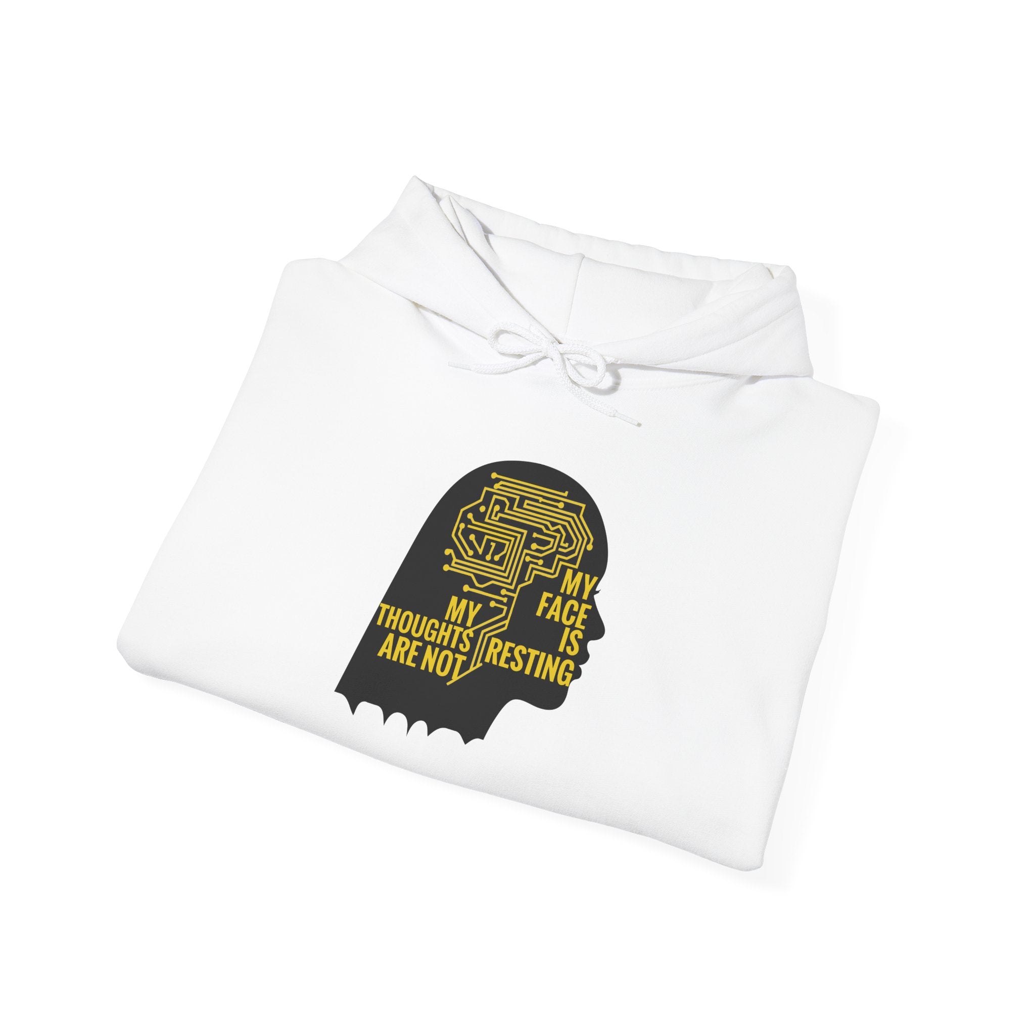 White hoodie with a black graphic design on a white background