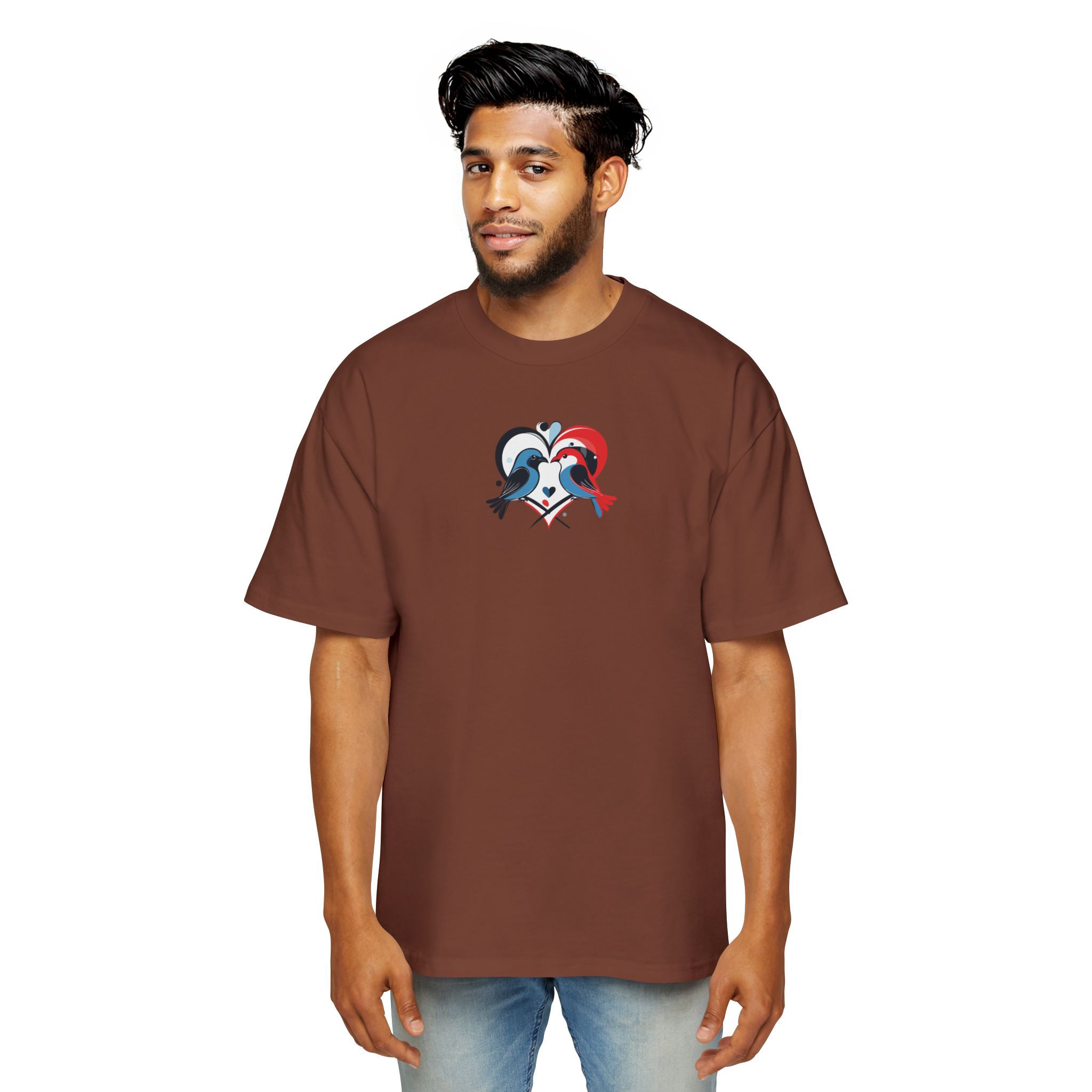 Man wearing a brown t-shirt with a graphic design on a white background