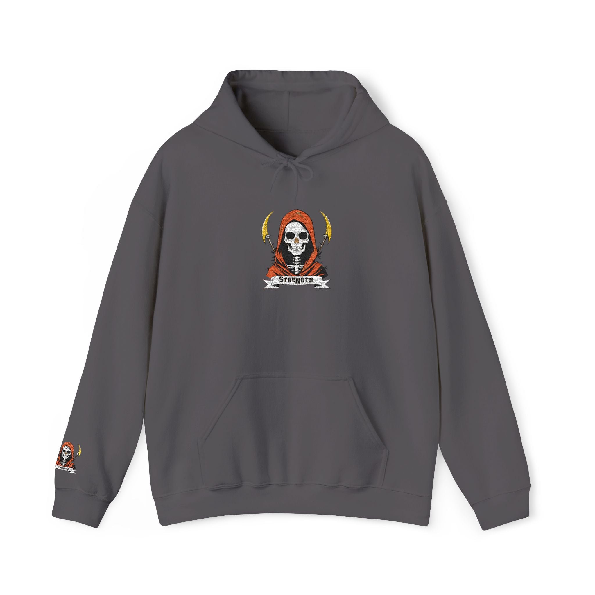 Brown hoodie with a skull design on a white background