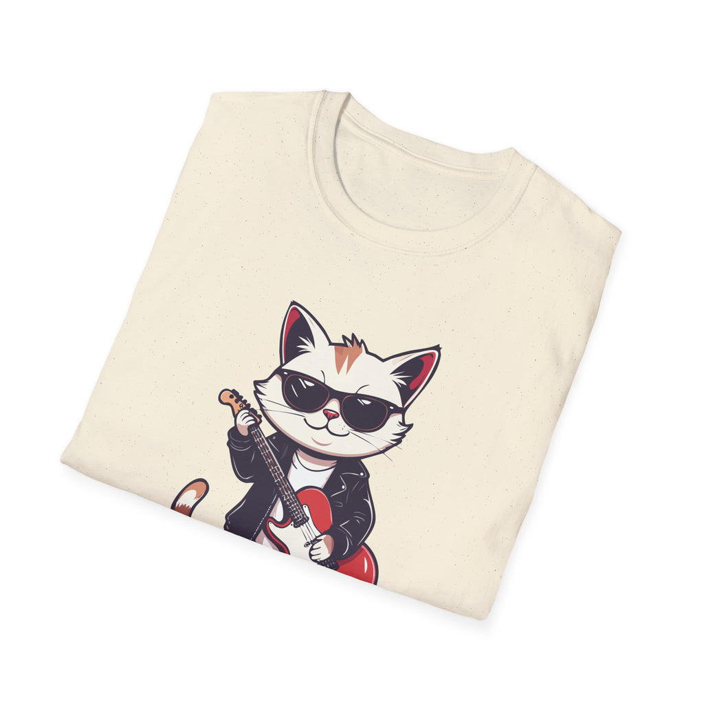 Folded t-shirt with a cat playing guitar graphic on a white background