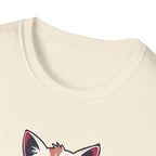 Close-up of a beige t-shirt with a cat face design on a white background