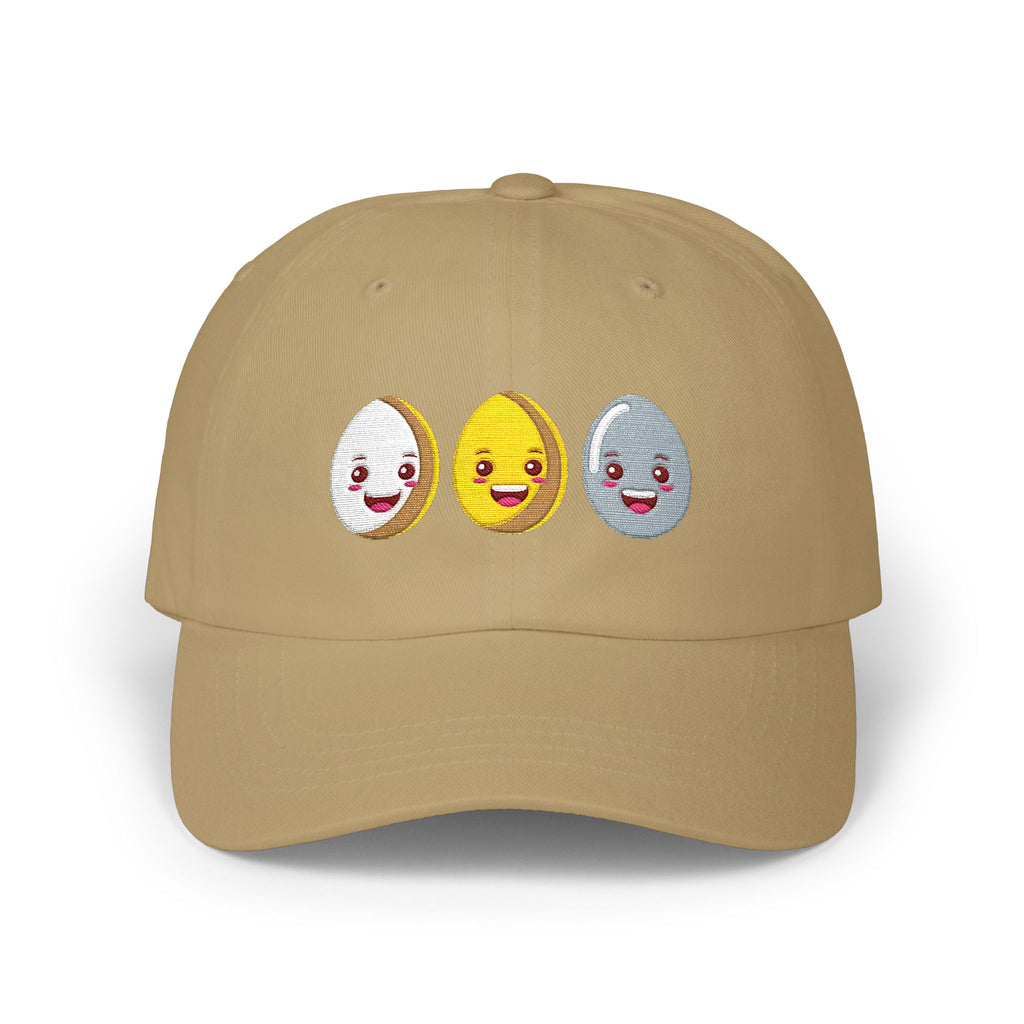 Beige cap with three colorful emoji faces on a white background