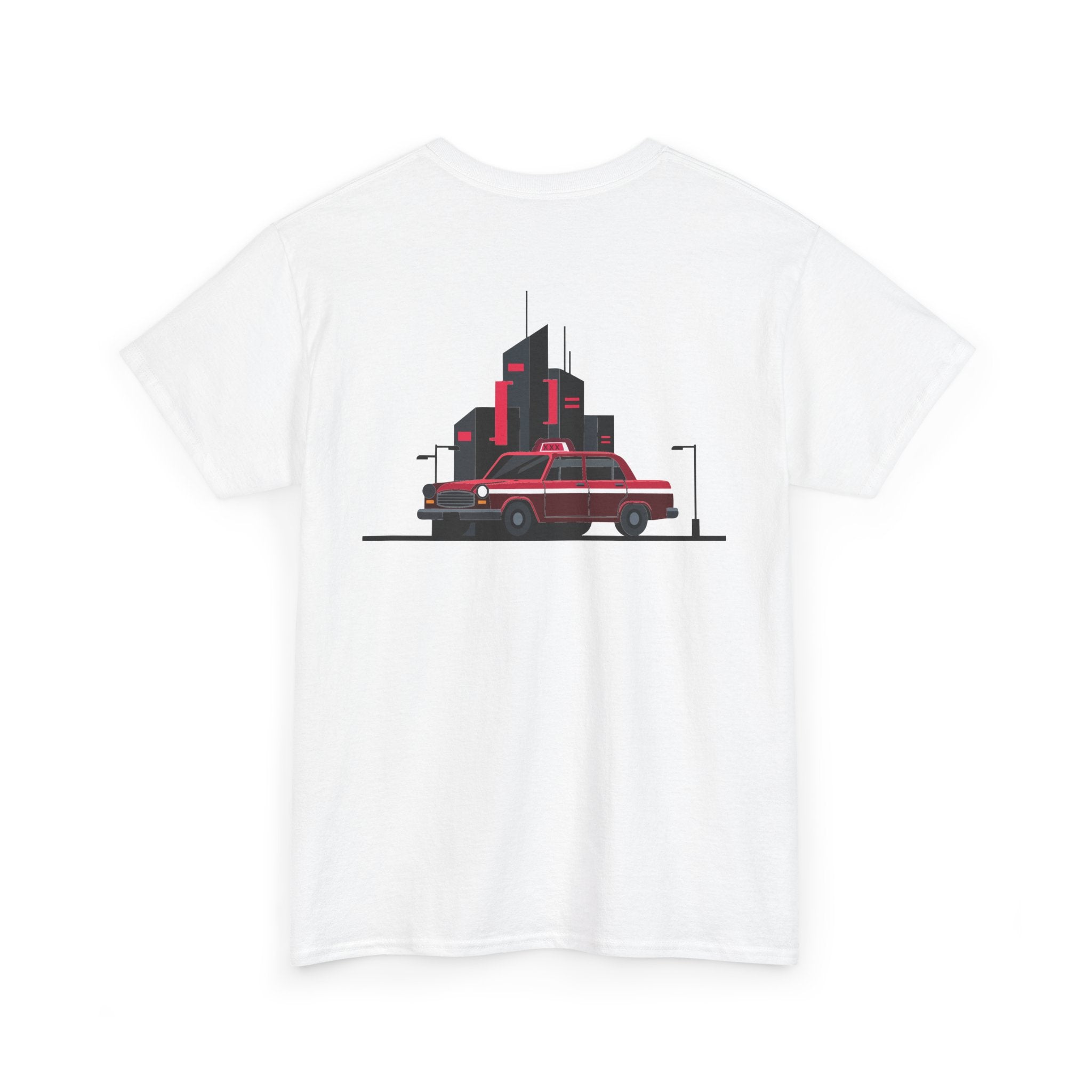 White t-shirt with a graphic of a red car and black buildings on a white background