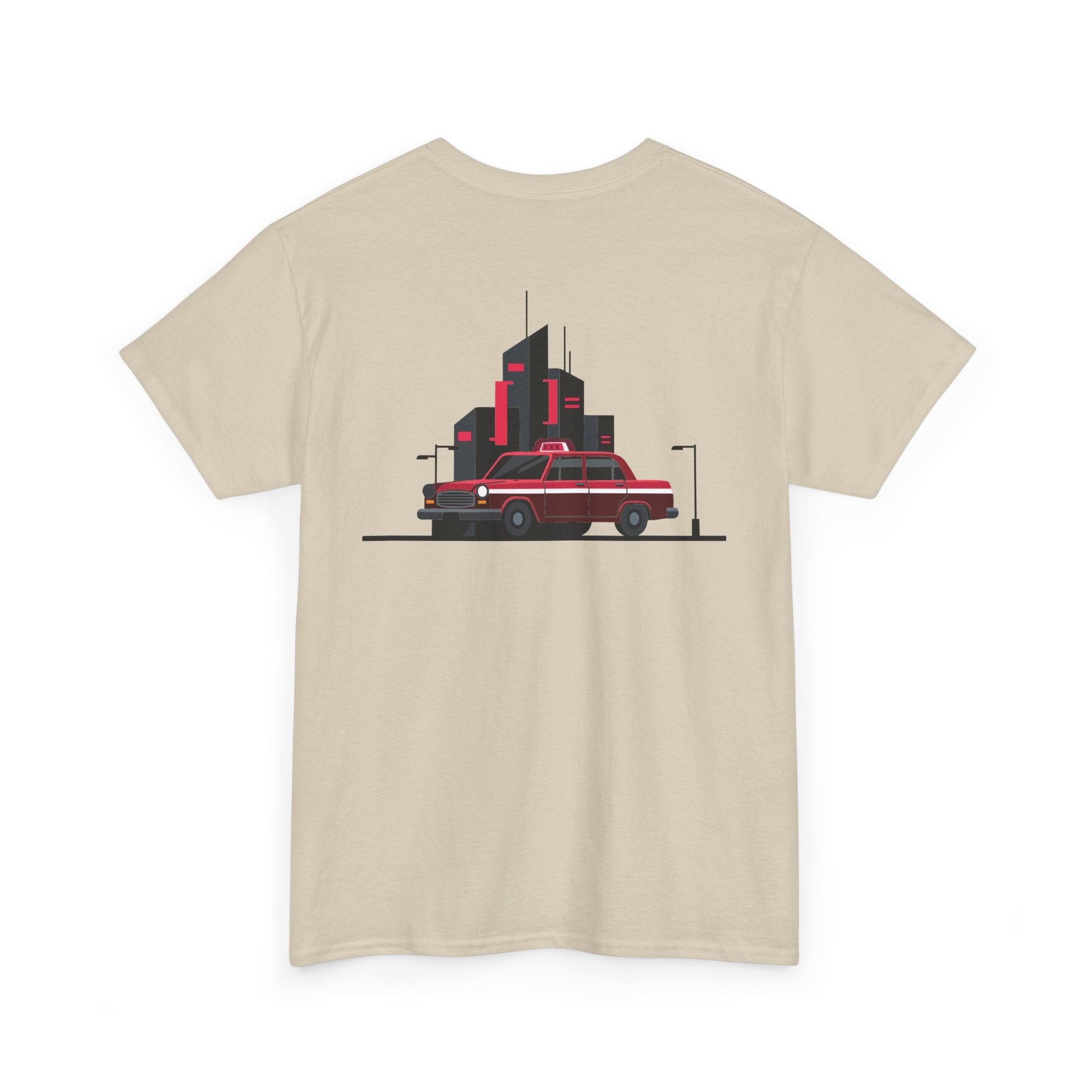 Beige t-shirt with a graphic of a red car and black buildings on a white background