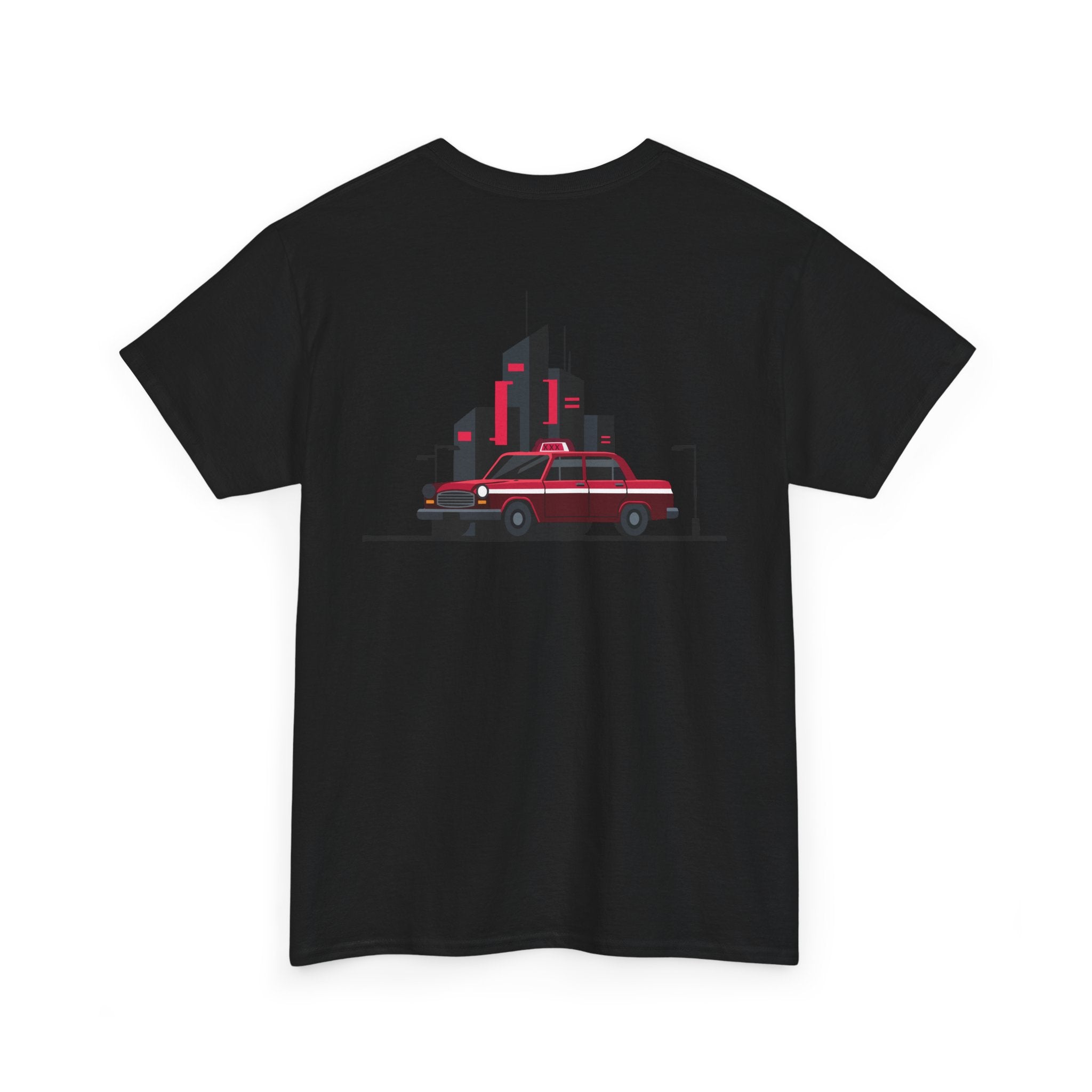 Black t-shirt with a red taxi and building graphic on a white background