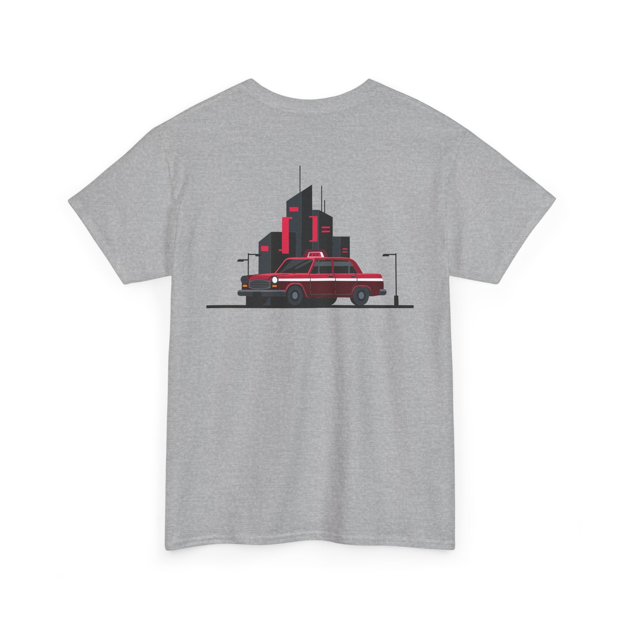 Gray t-shirt with a graphic of a red car and black buildings on a white background