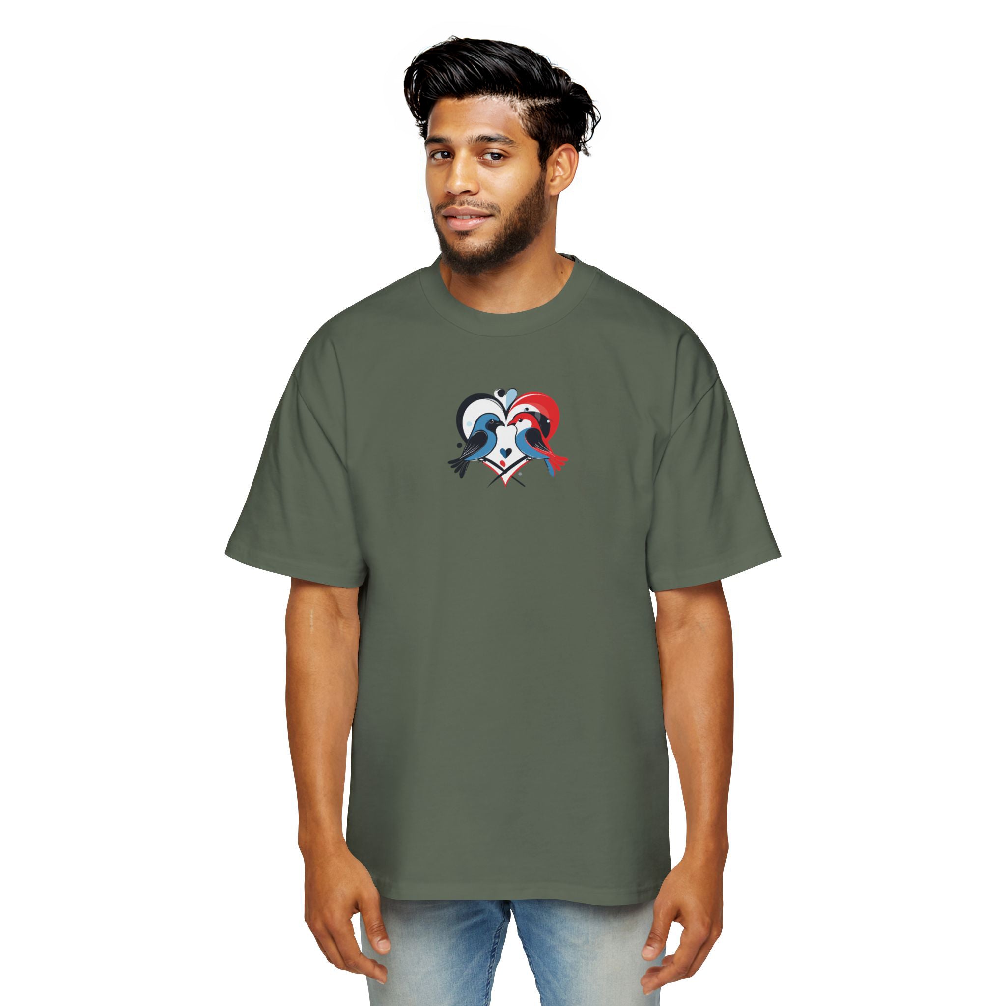 Man wearing a green t-shirt with a graphic design on a white background