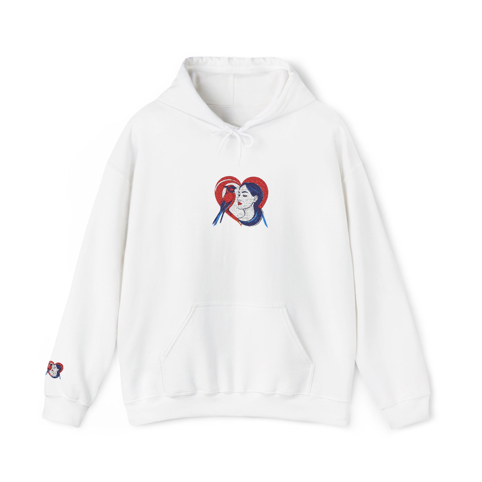 White hoodie with embroidered design on a white background