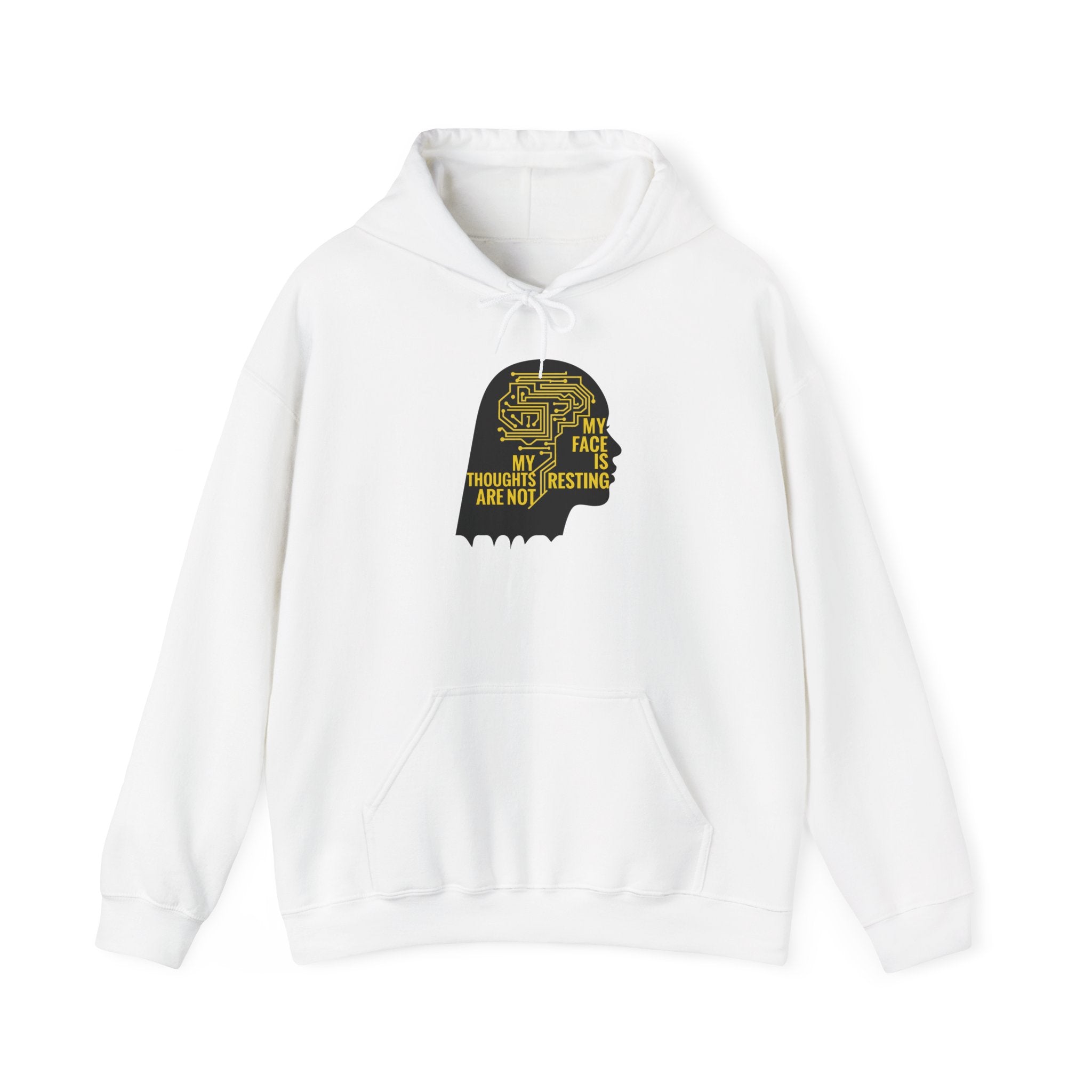 White hoodie with a black and gold graphic on a white background