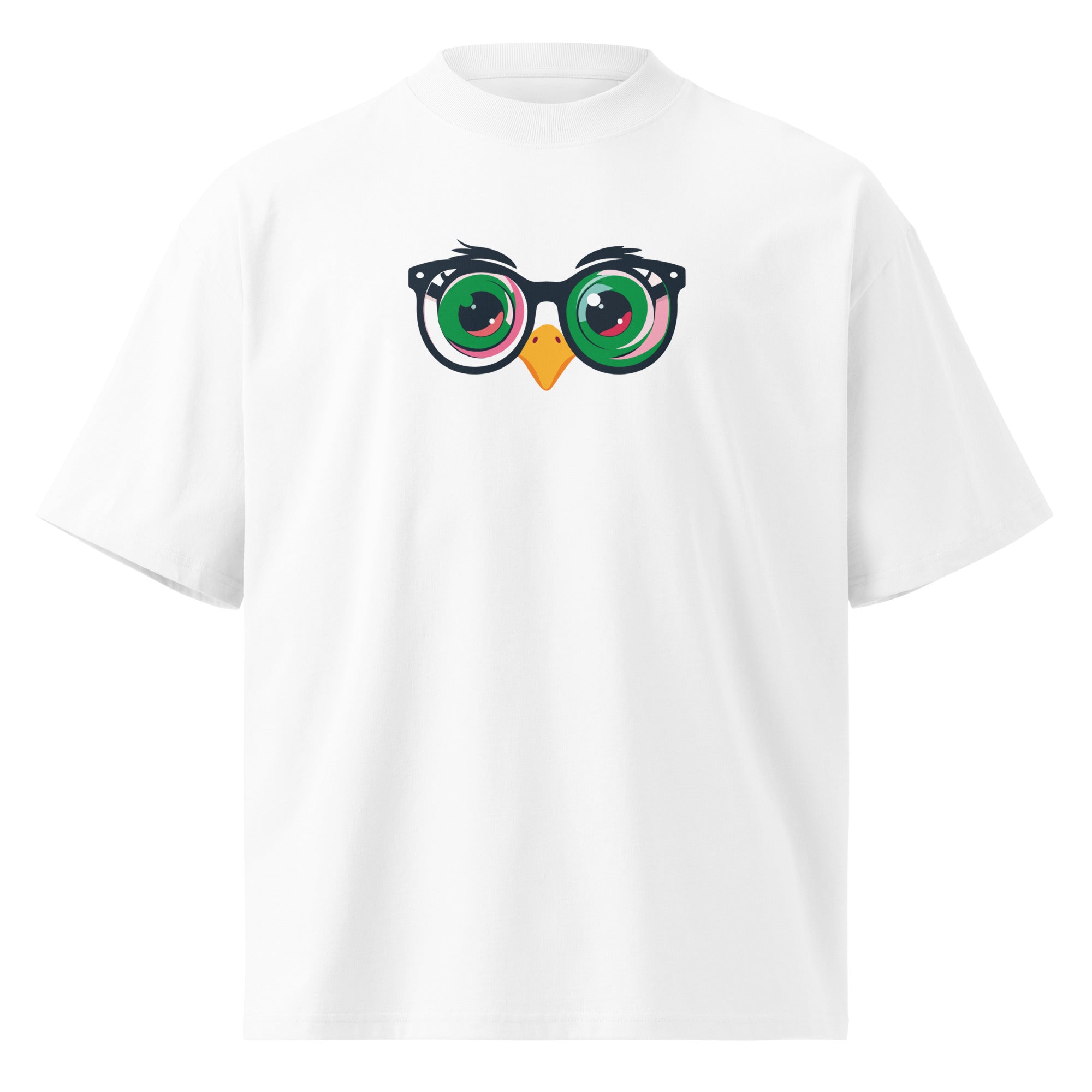 White t-shirt with a graphic of a bird wearing glasses on a white background